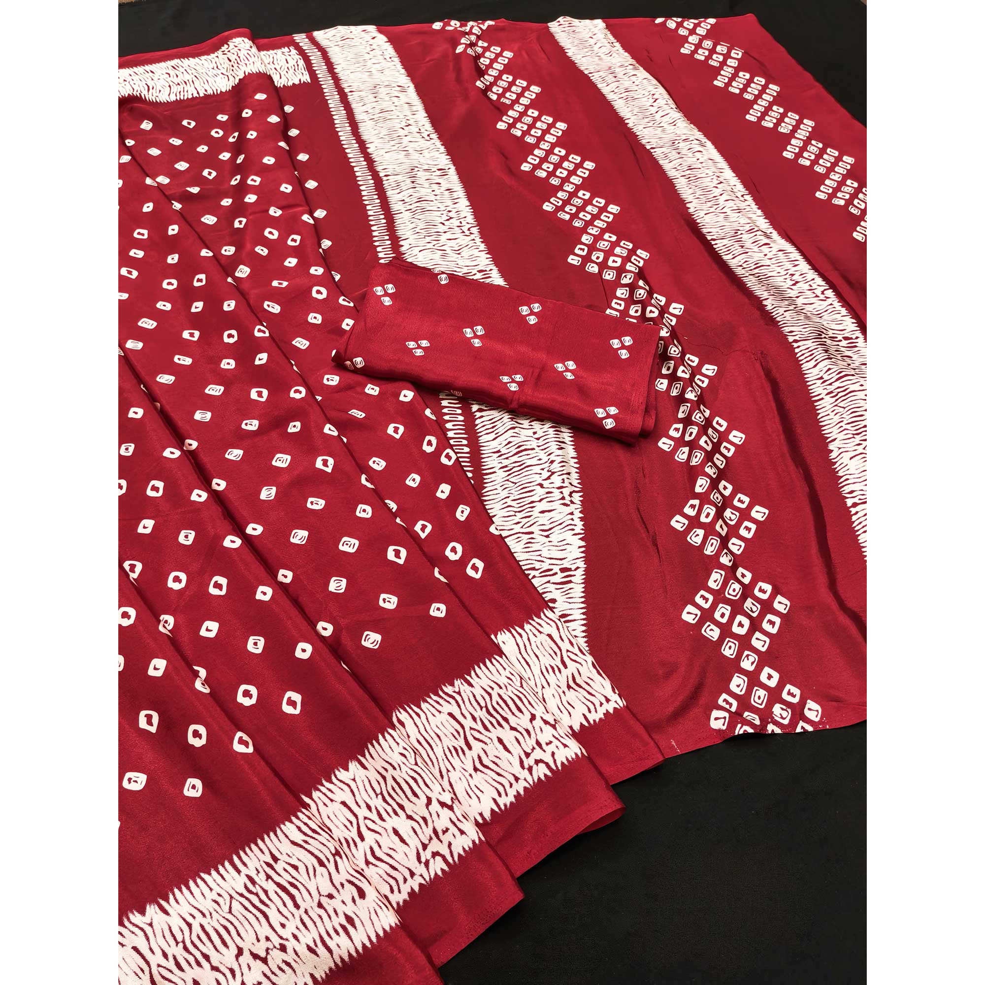 Red Bandhani Printed Chiffon Saree With Traditional Appeal - Image 3