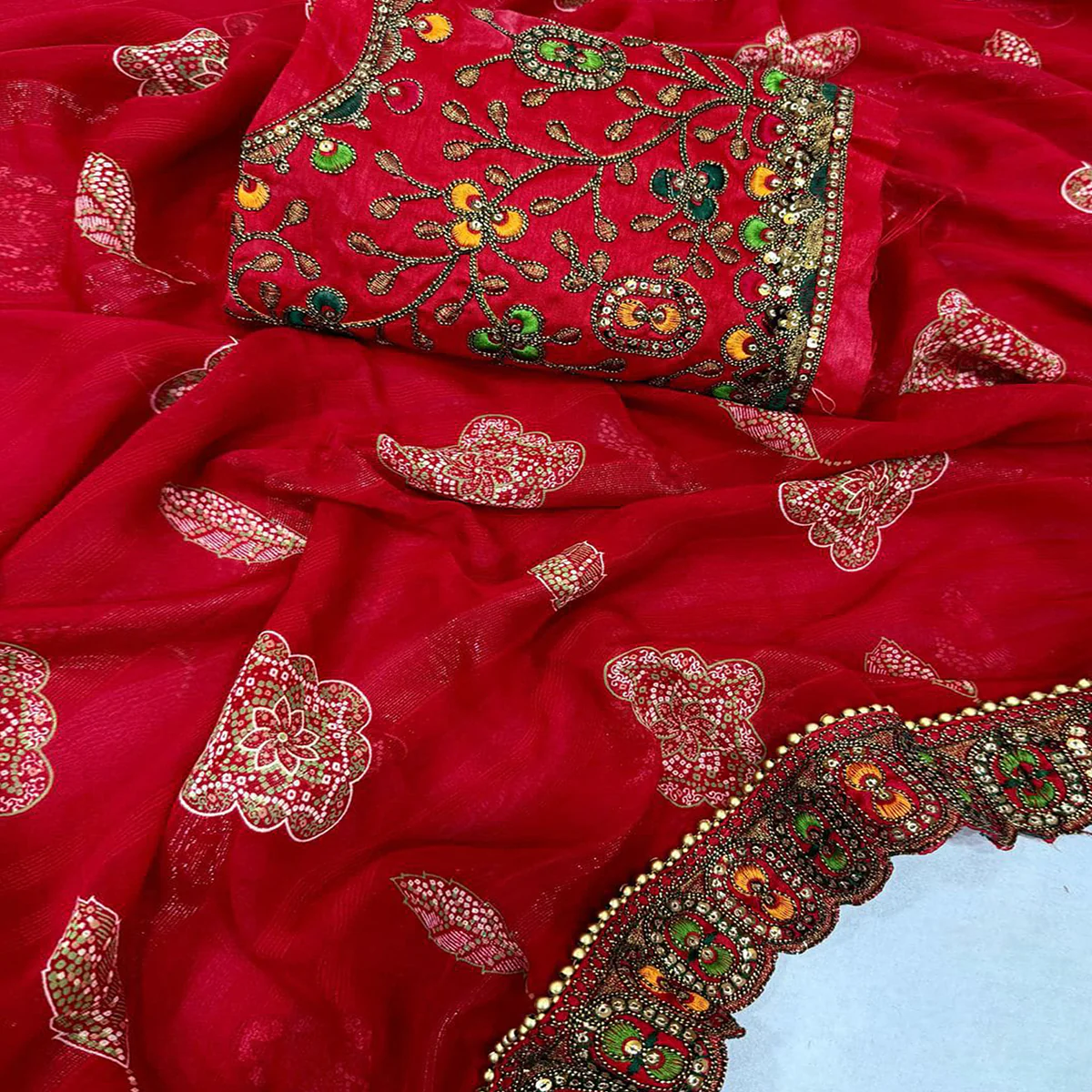 Red Bandhani Printed Georgette Saree for Festive Wear with Lace Detailing - Image 2