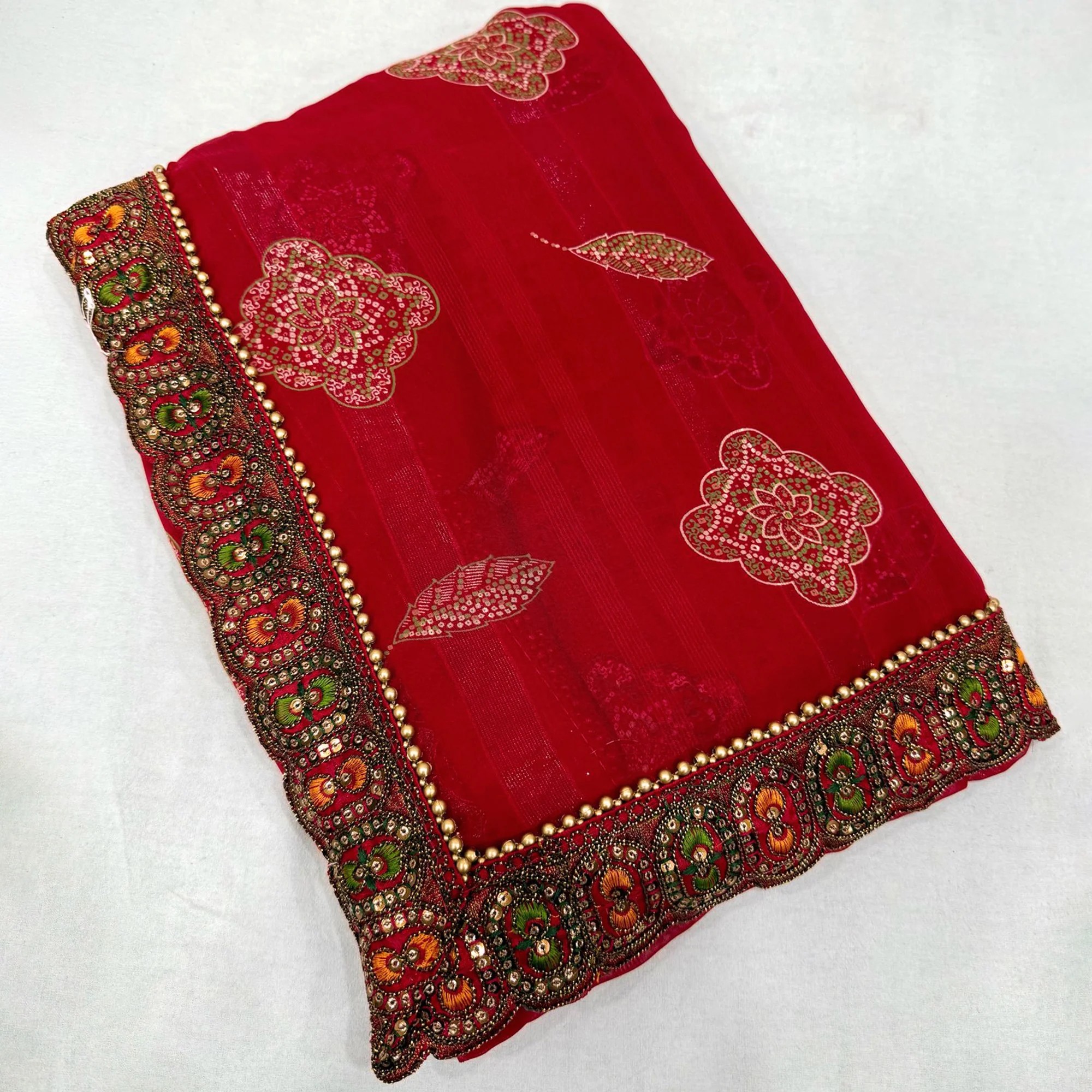 Red Bandhani Printed Georgette Saree for Festive Wear with Lace Detailing - Image 3