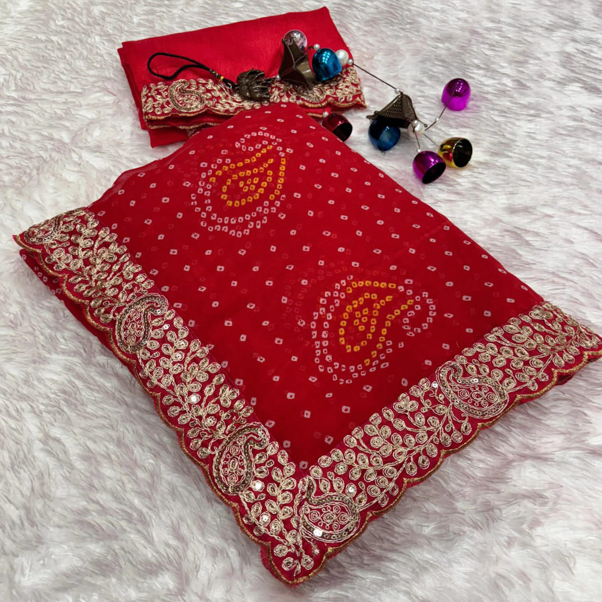 Red Bandhani Printed Georgette Saree With Embroidered Border - Image 3