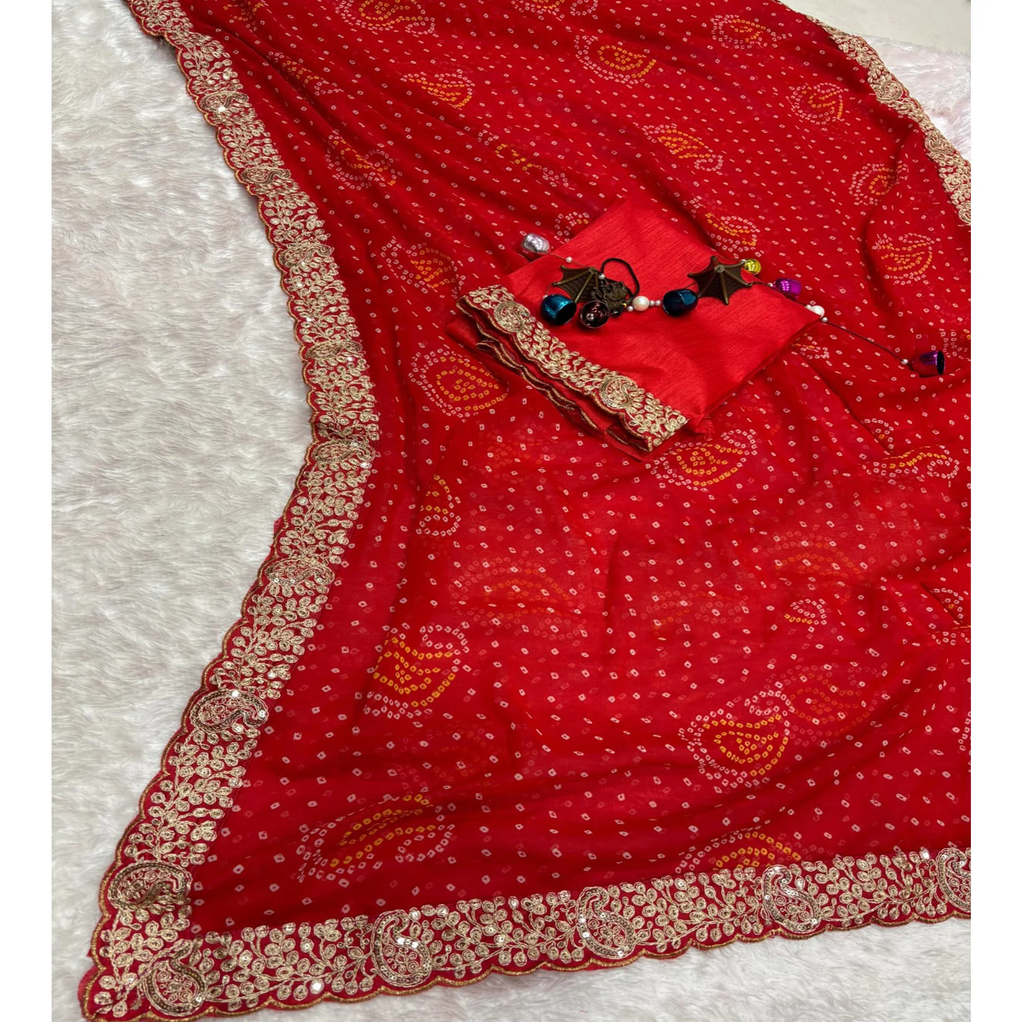 Red Bandhani Printed Georgette Saree With Embroidered Border - Image 4