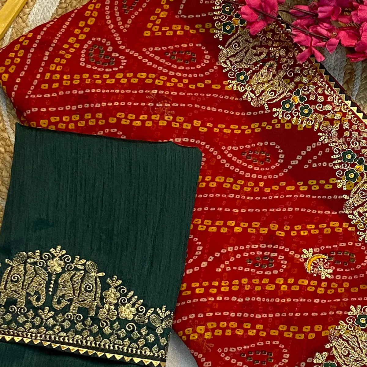 Red Bandhani Printed Georgette Saree With Embroidered Border - Image 2