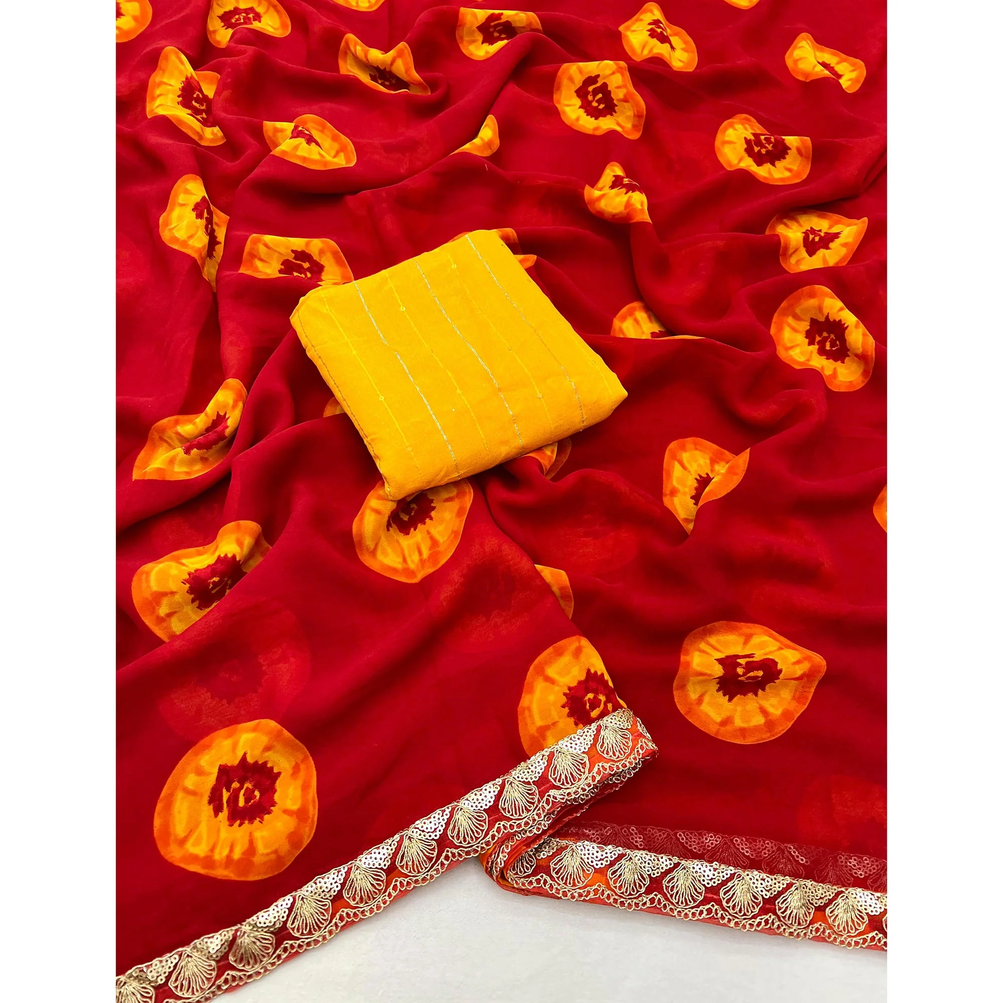 Red Bandhani Printed Georgette Saree With Sequins Border - Image 3