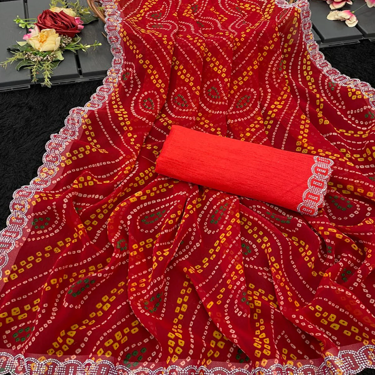 Red Bandhani Printed Georgette Saree With Stone Work Border - Image 2