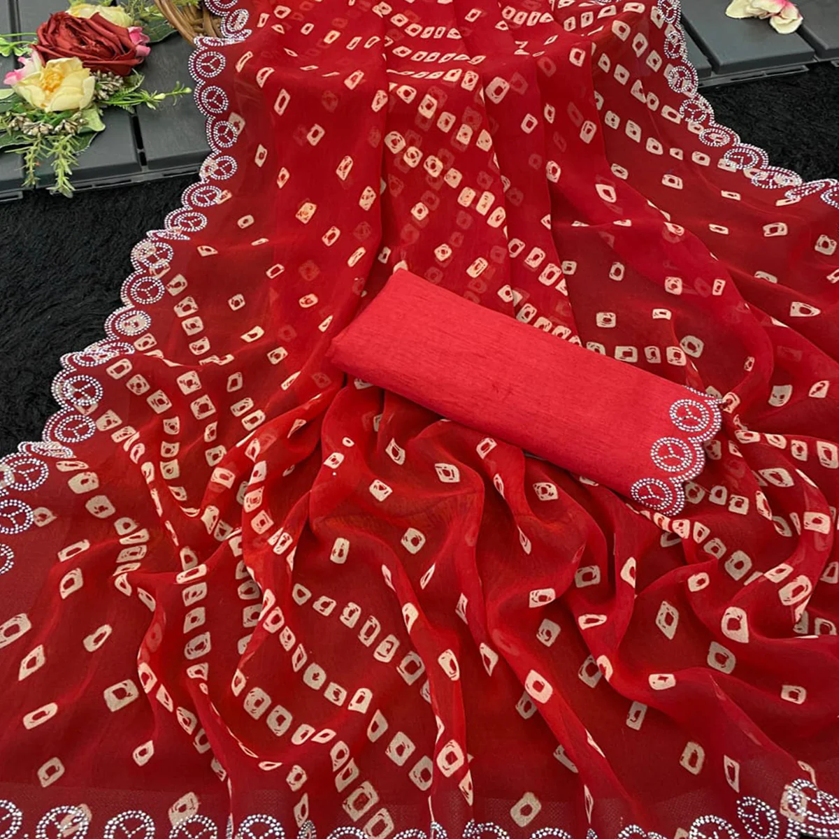 Red Bandhani Printed Georgette Saree With Stone Work Border - Image 2