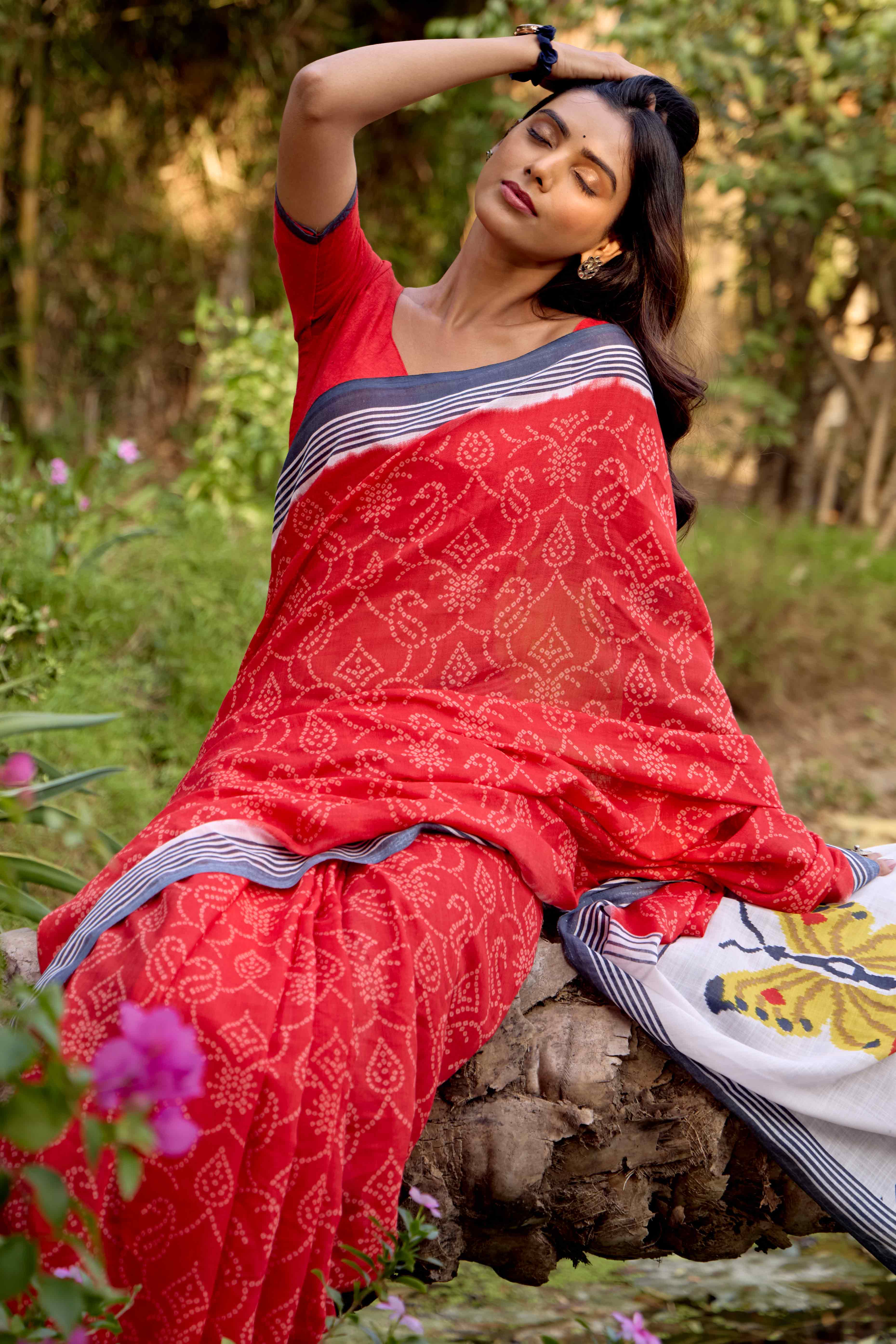 Red Bandhani Printed Linen Saree - Image 8