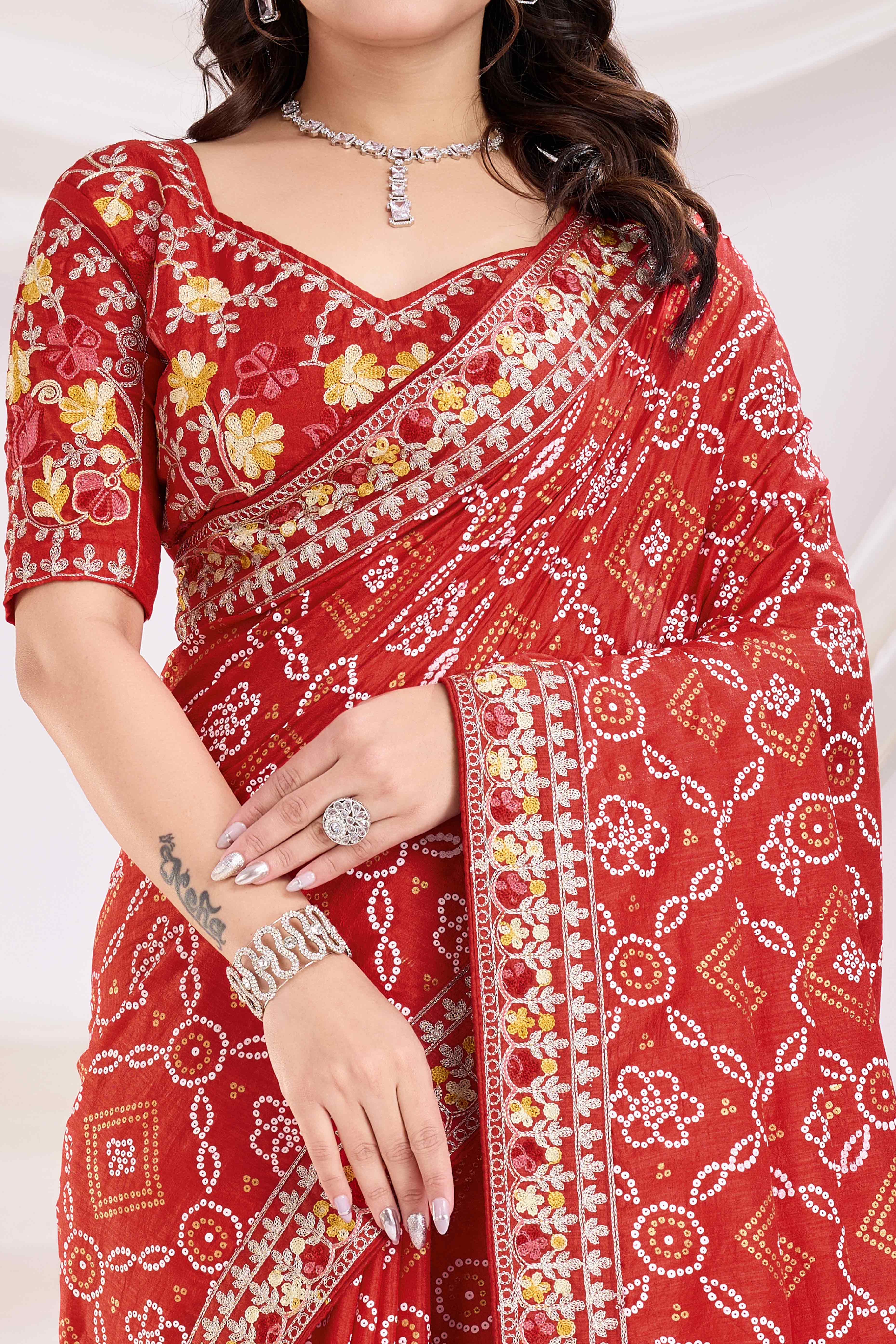Red Bandhani Printed Vichitra Silk Saree With Embroidery Border - Image 2
