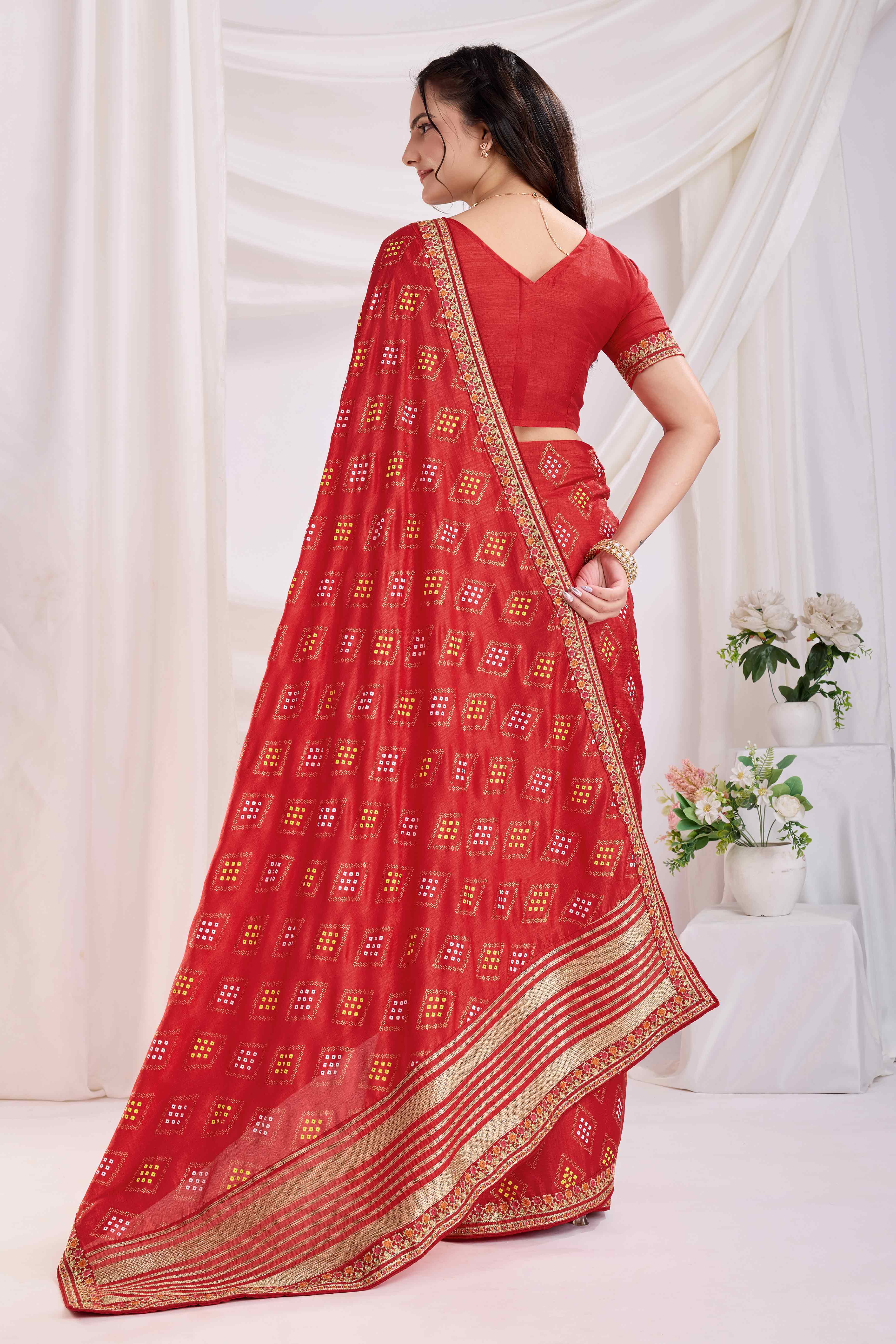 Red Bandhani Printed Vichitra Silk Saree With Embroidery Border - Image 5