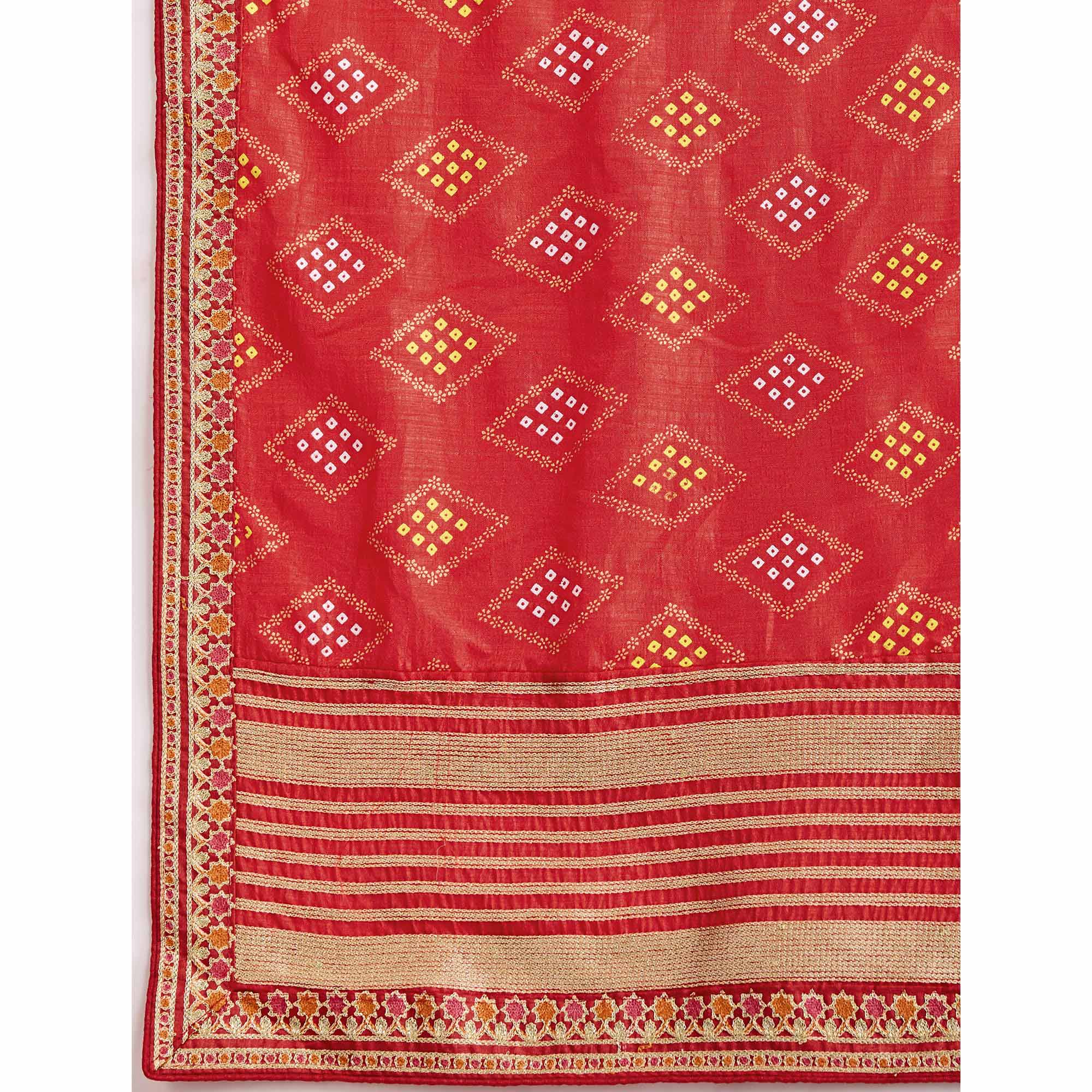 Red Bandhani Printed Vichitra Silk Saree With Embroidery Border - Image 8