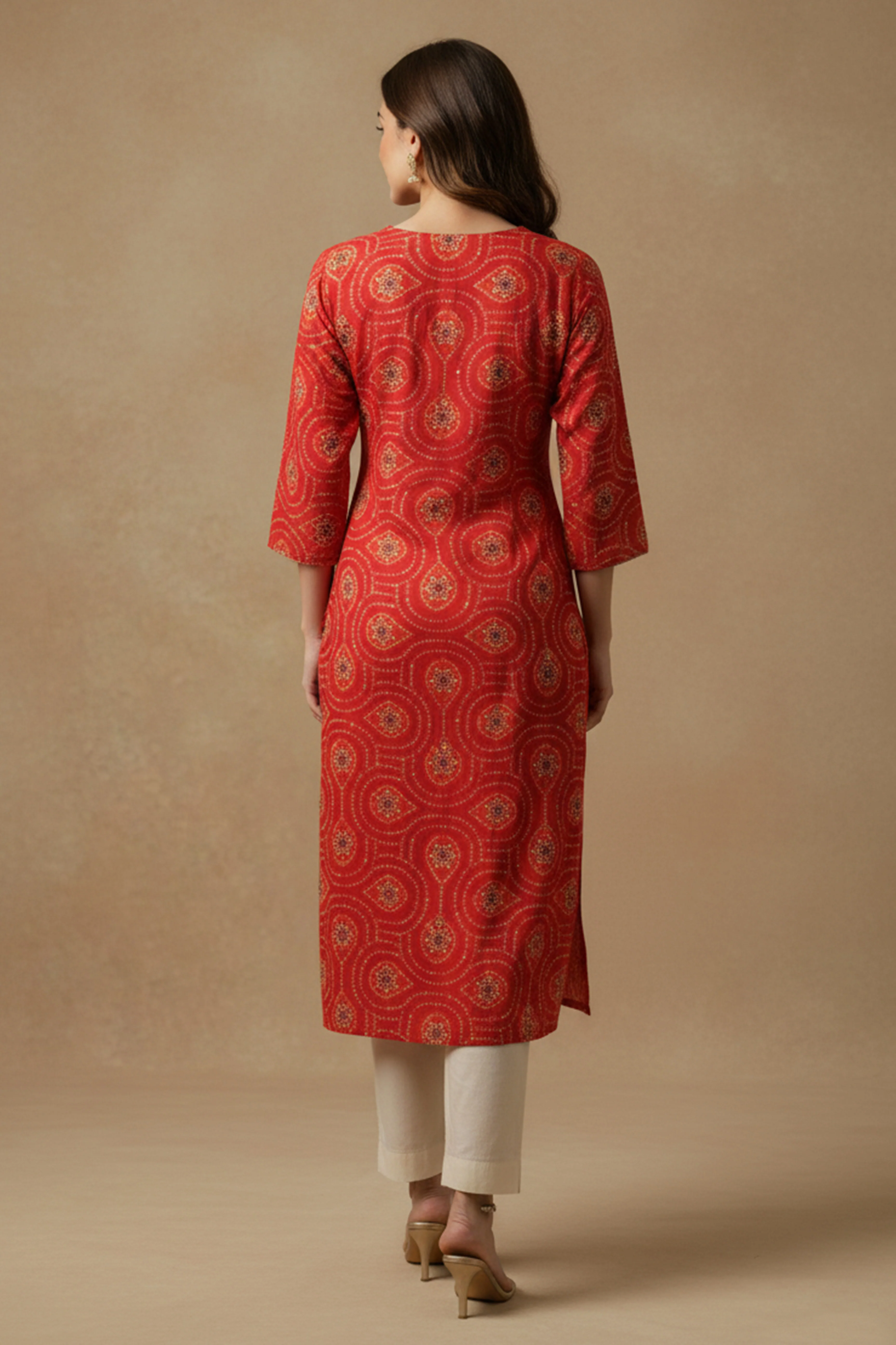 Red Bandhani Rayon Straight Kurti with Traditional Print - Image 3