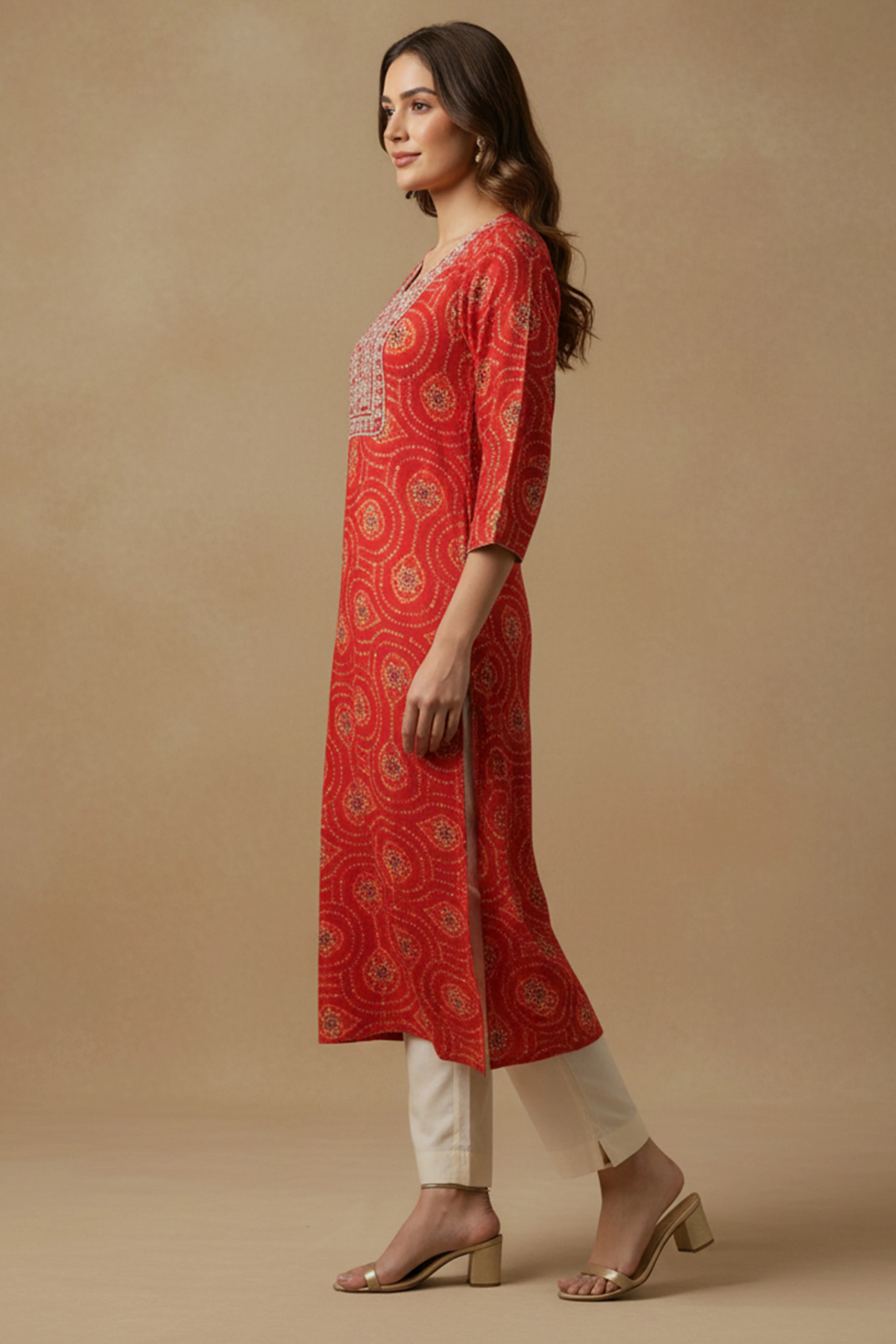 Red Bandhani Rayon Straight Kurti with Traditional Print - Image 4