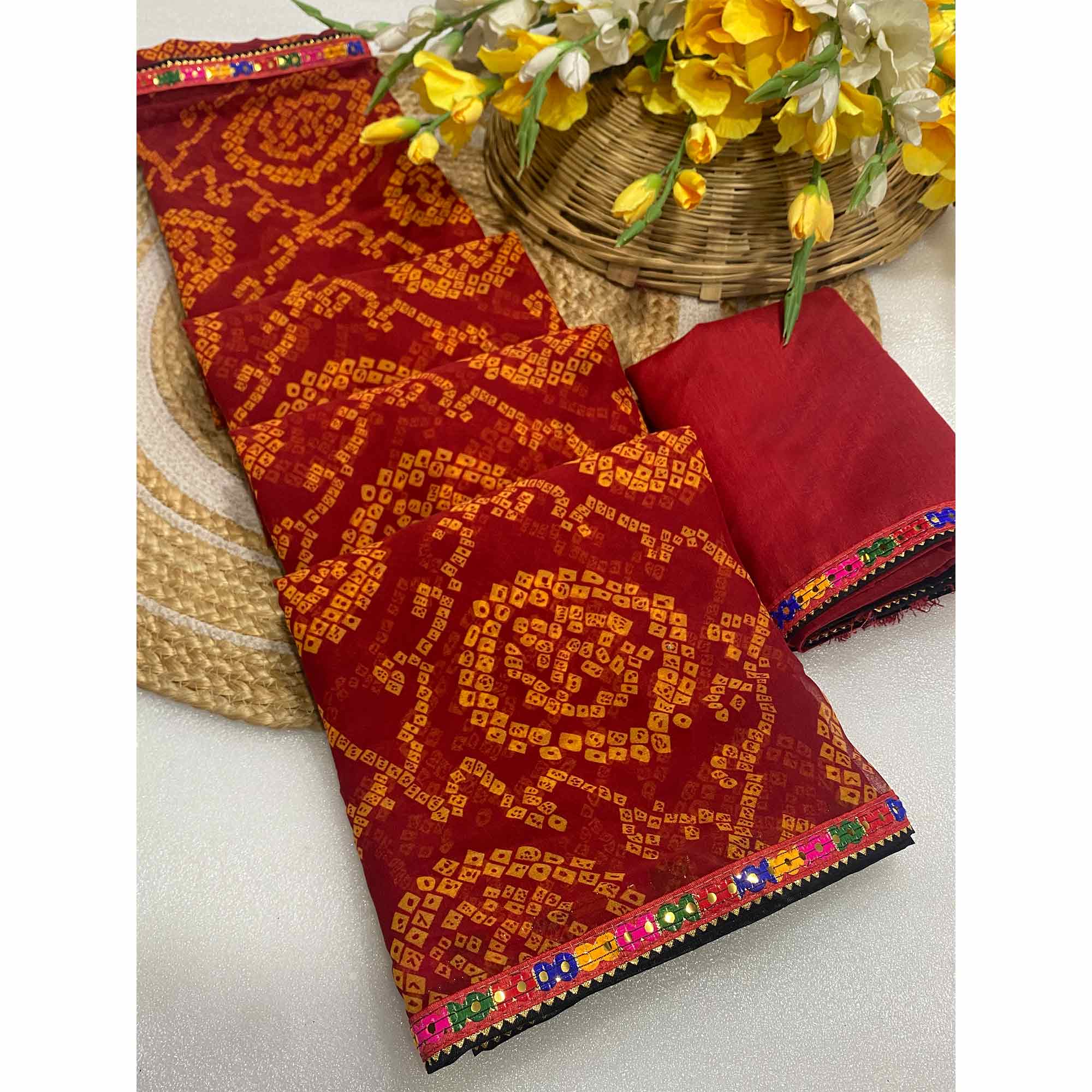 Red Bandhej Printed Georgette Saree with Flowy Drape - Image 3