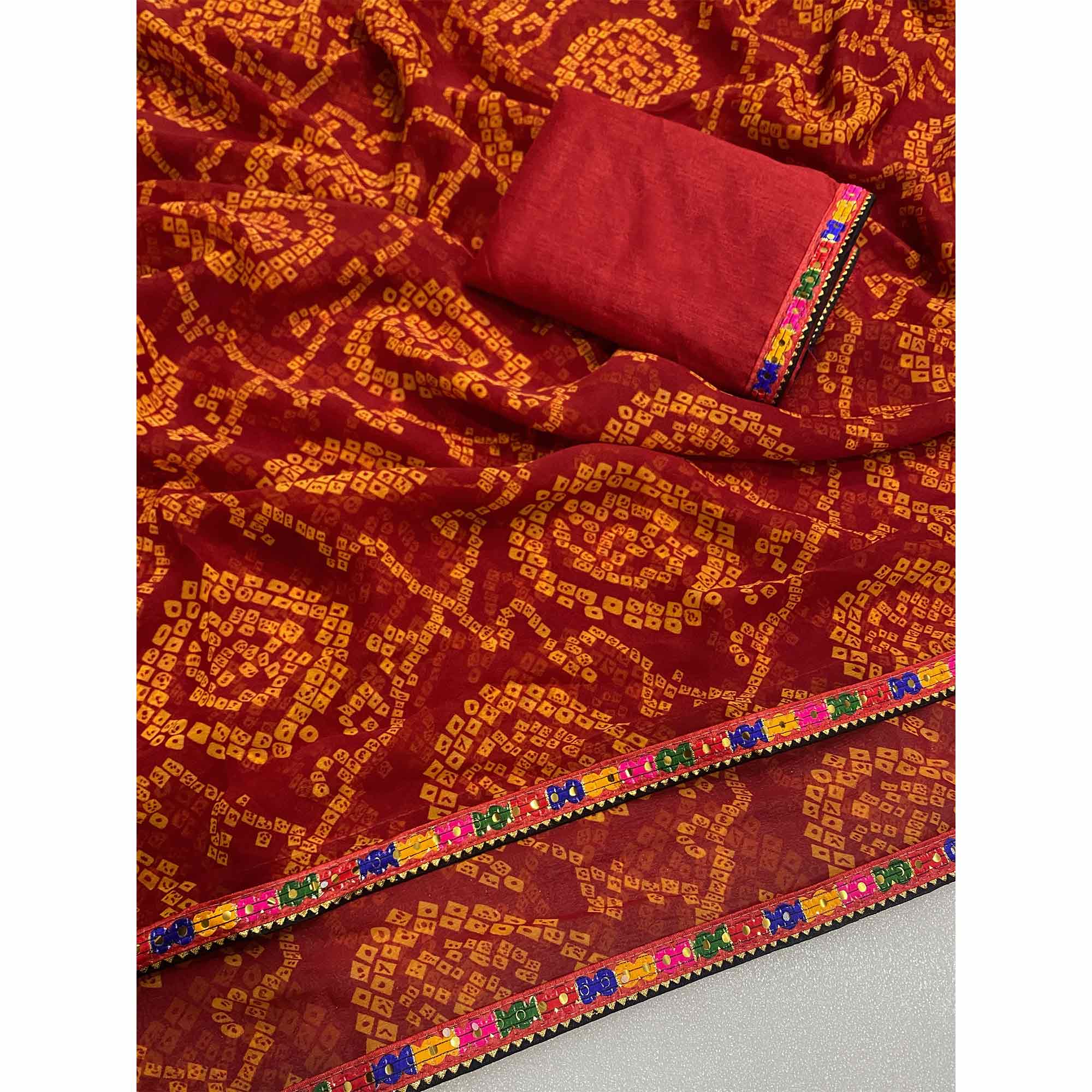 Red Bandhej Printed Georgette Saree with Flowy Drape - Image 4