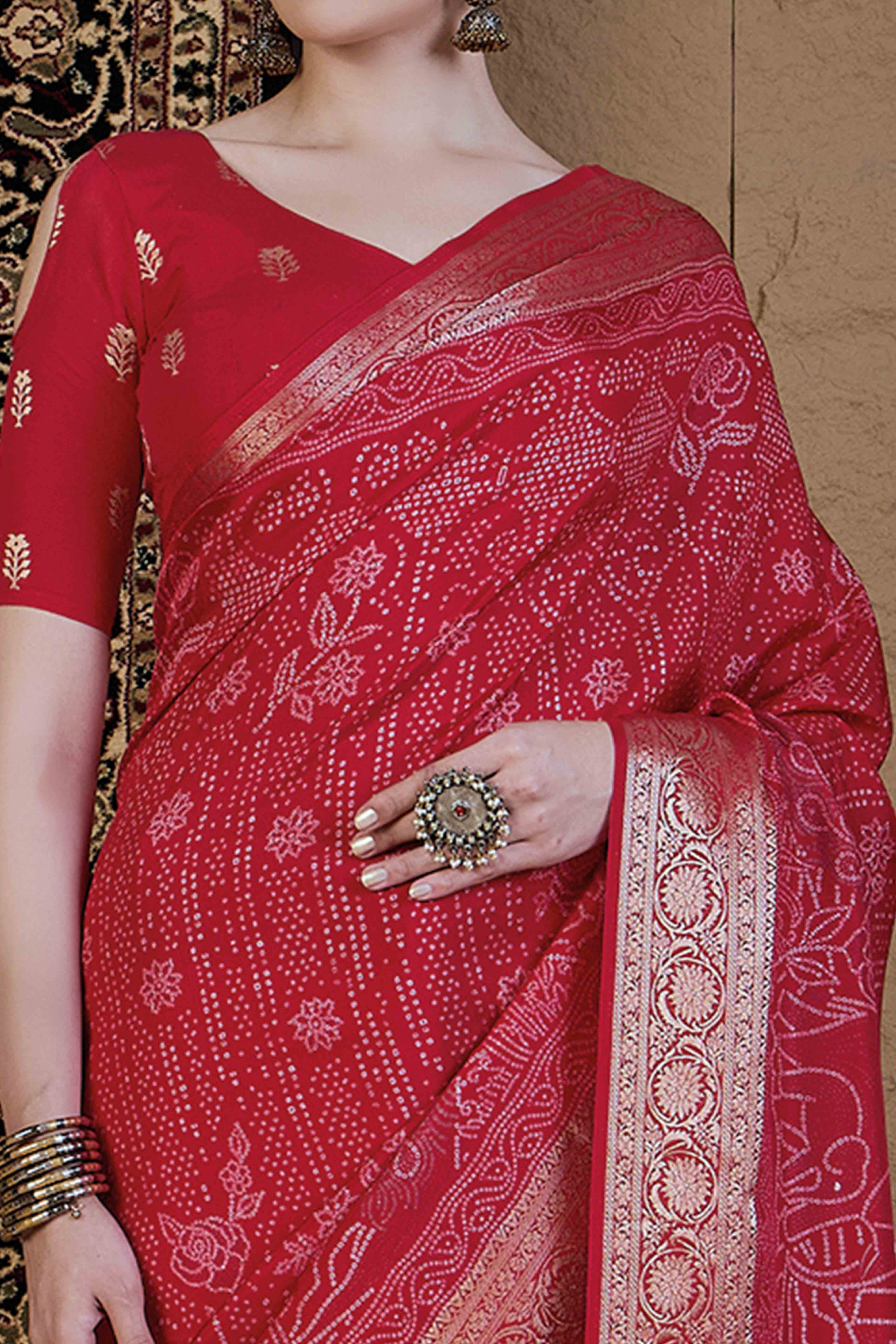 Red Bandhani Printed Viscose Saree - Image 2