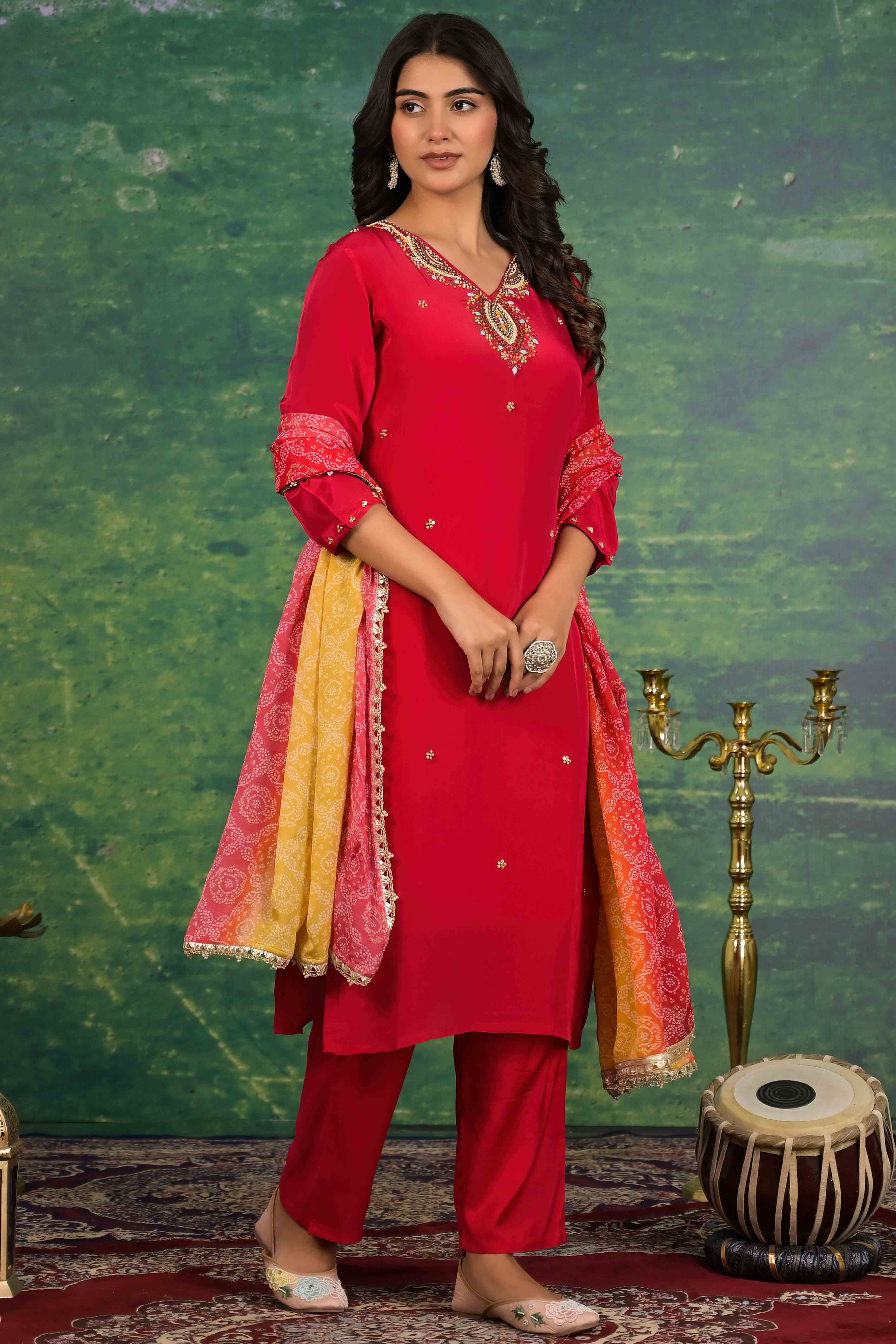 Red Beads Work Embroidered Crepe Salwar Suit - Image 6