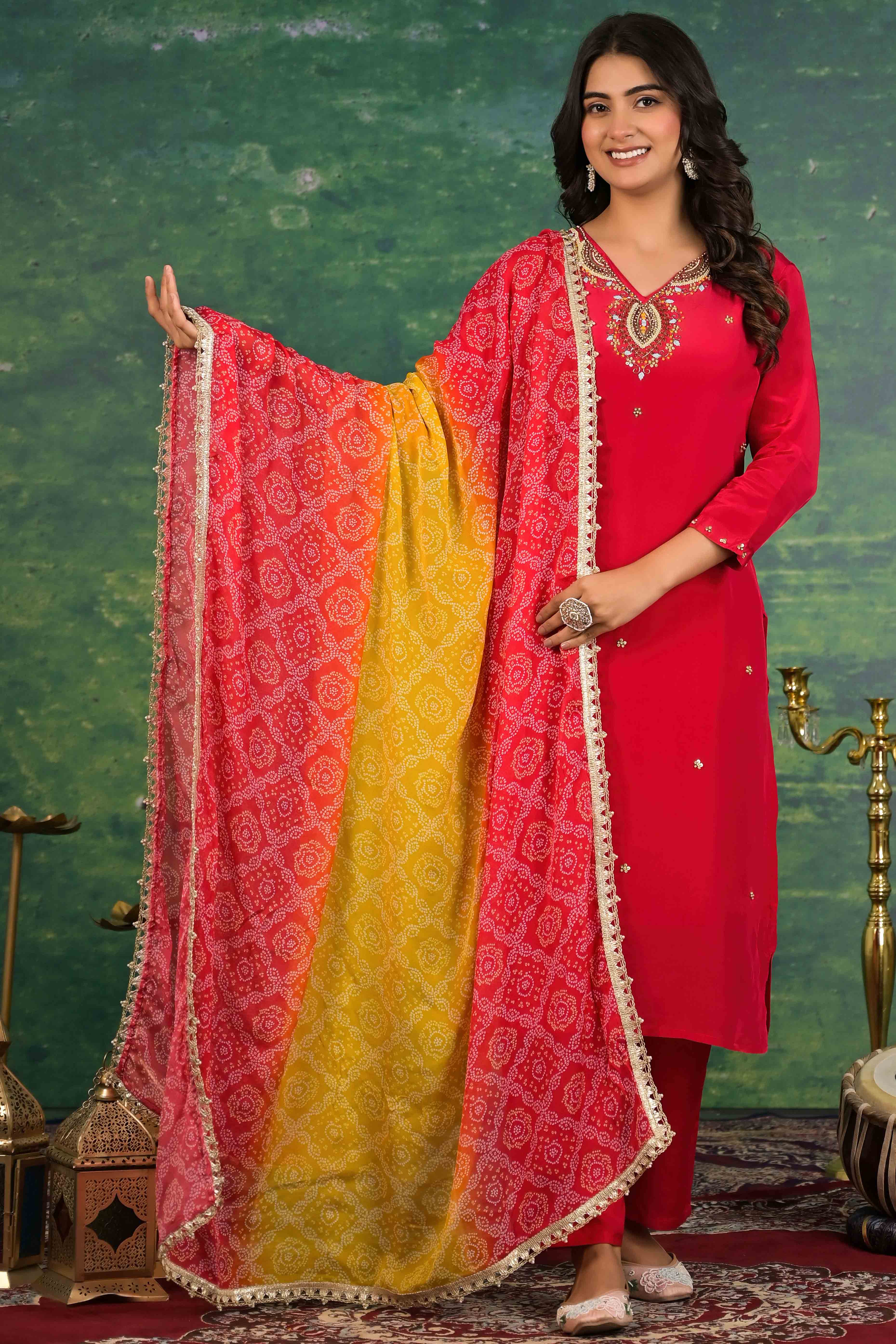 Red Beads Work Embroidered Crepe Salwar Suit - Image 8