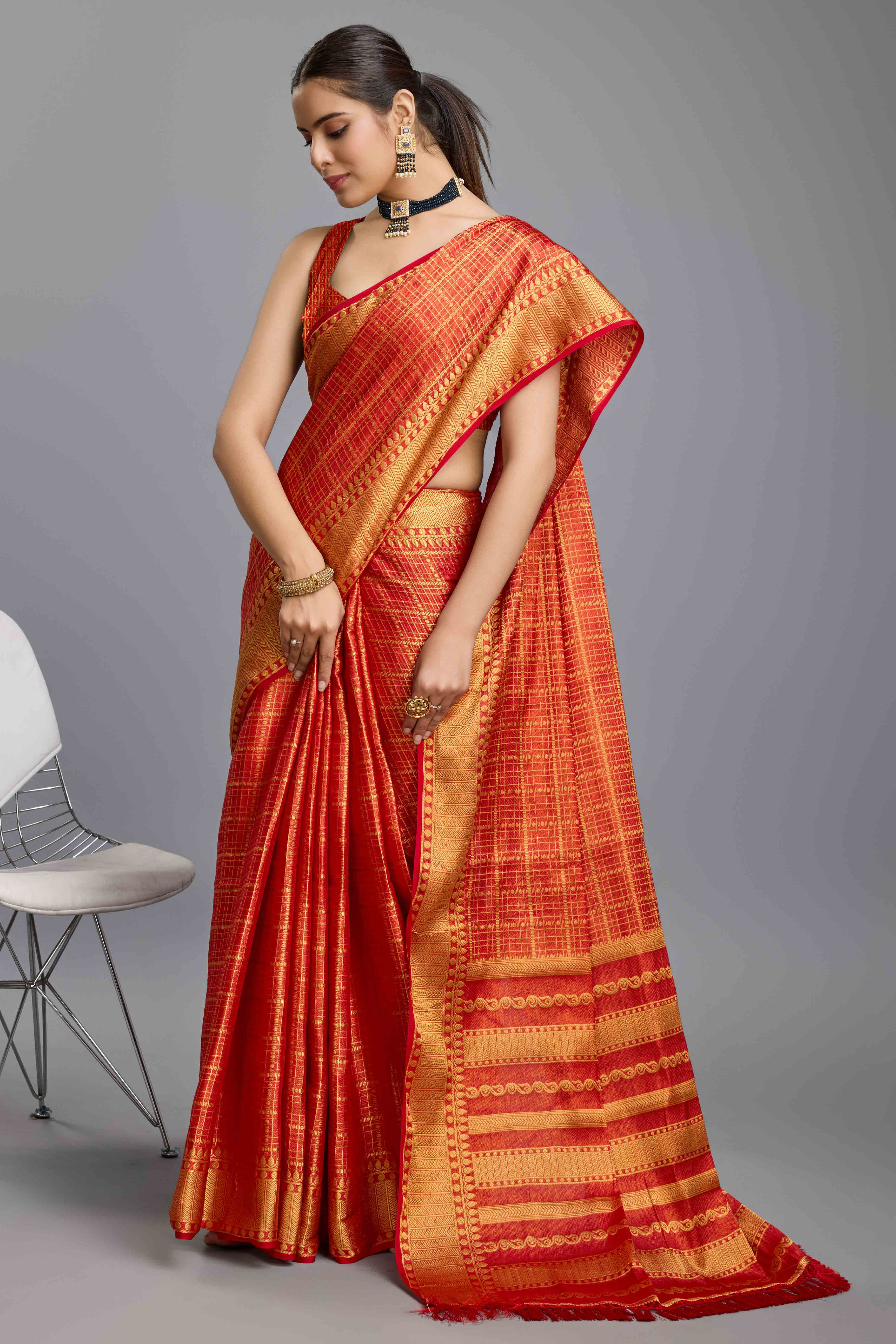 Red Brocade Zari Weaving Mysore Silk Saree - Image 3