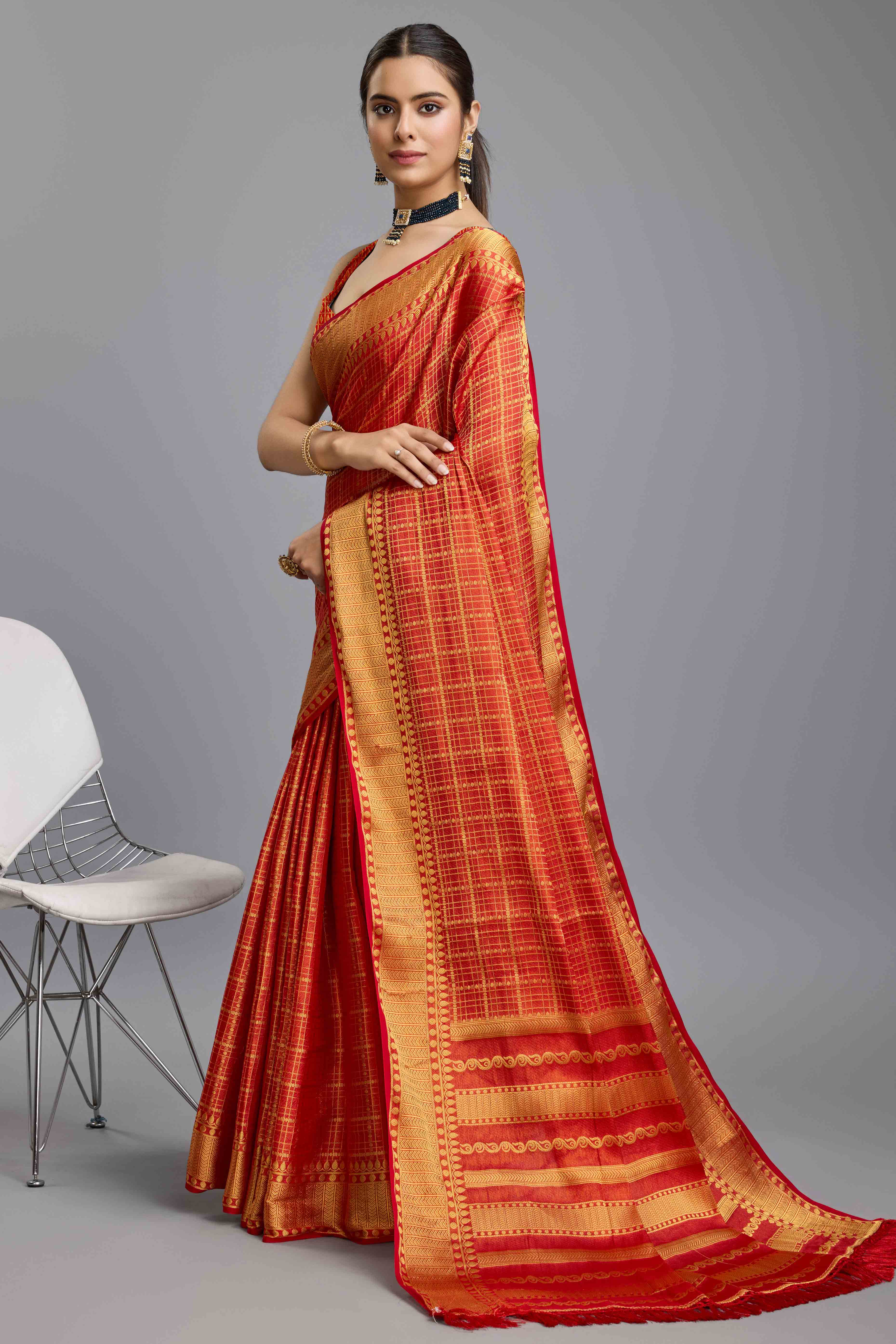 Red Brocade Zari Weaving Mysore Silk Saree - Image 4