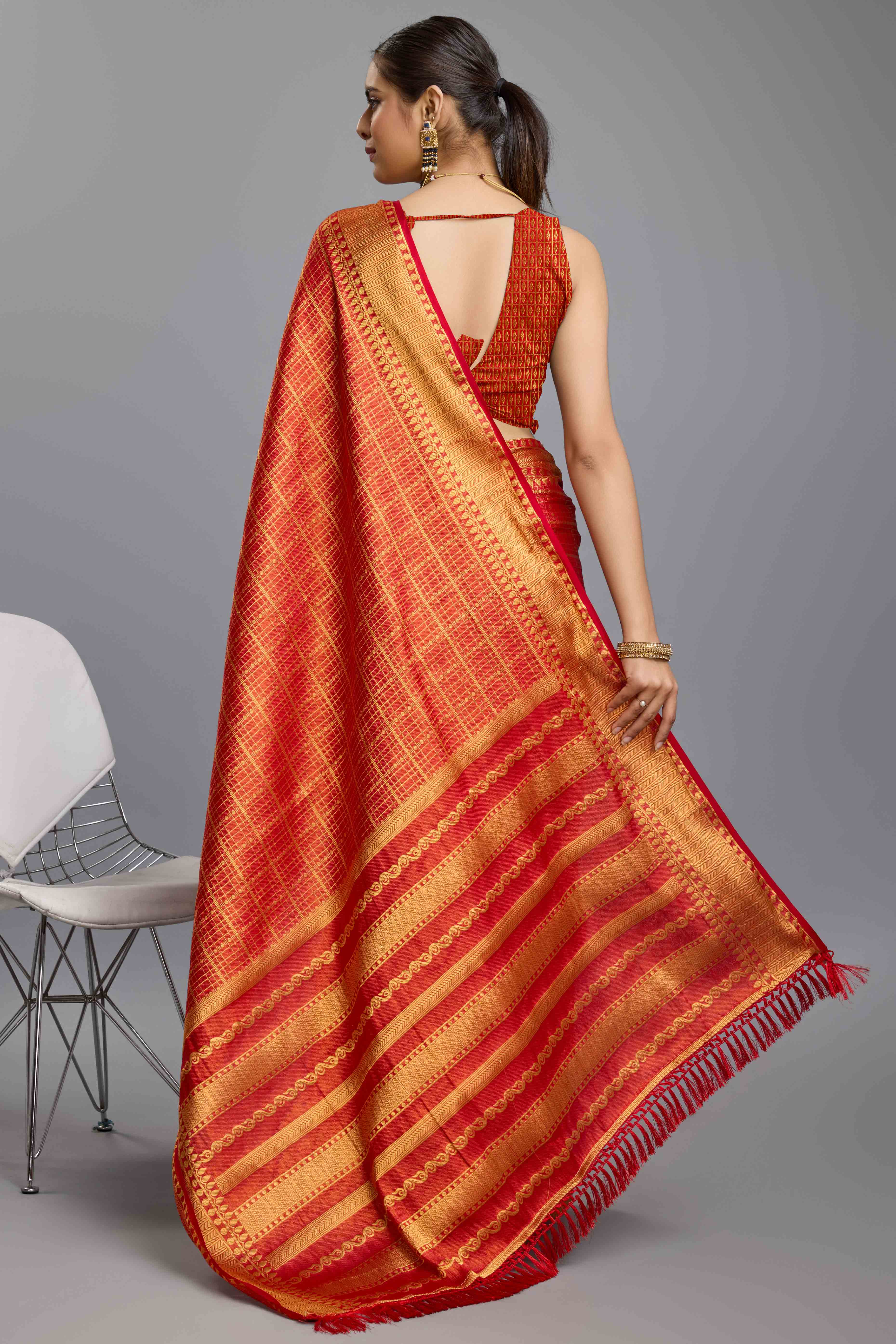 Red Brocade Zari Weaving Mysore Silk Saree - Image 5