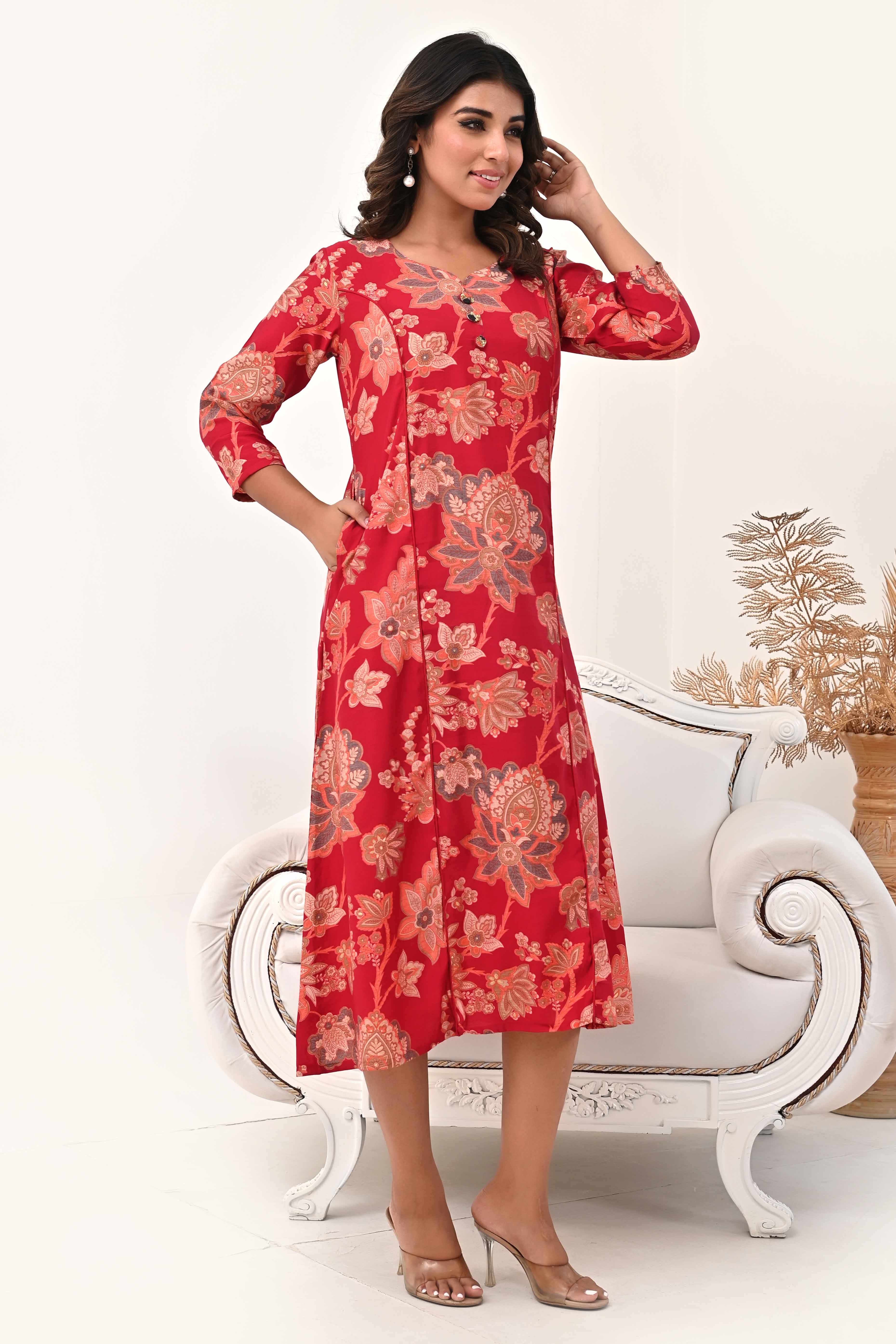 Red Chanderi Silk Kurti Dress with Artistic Floral Prints - Image 6