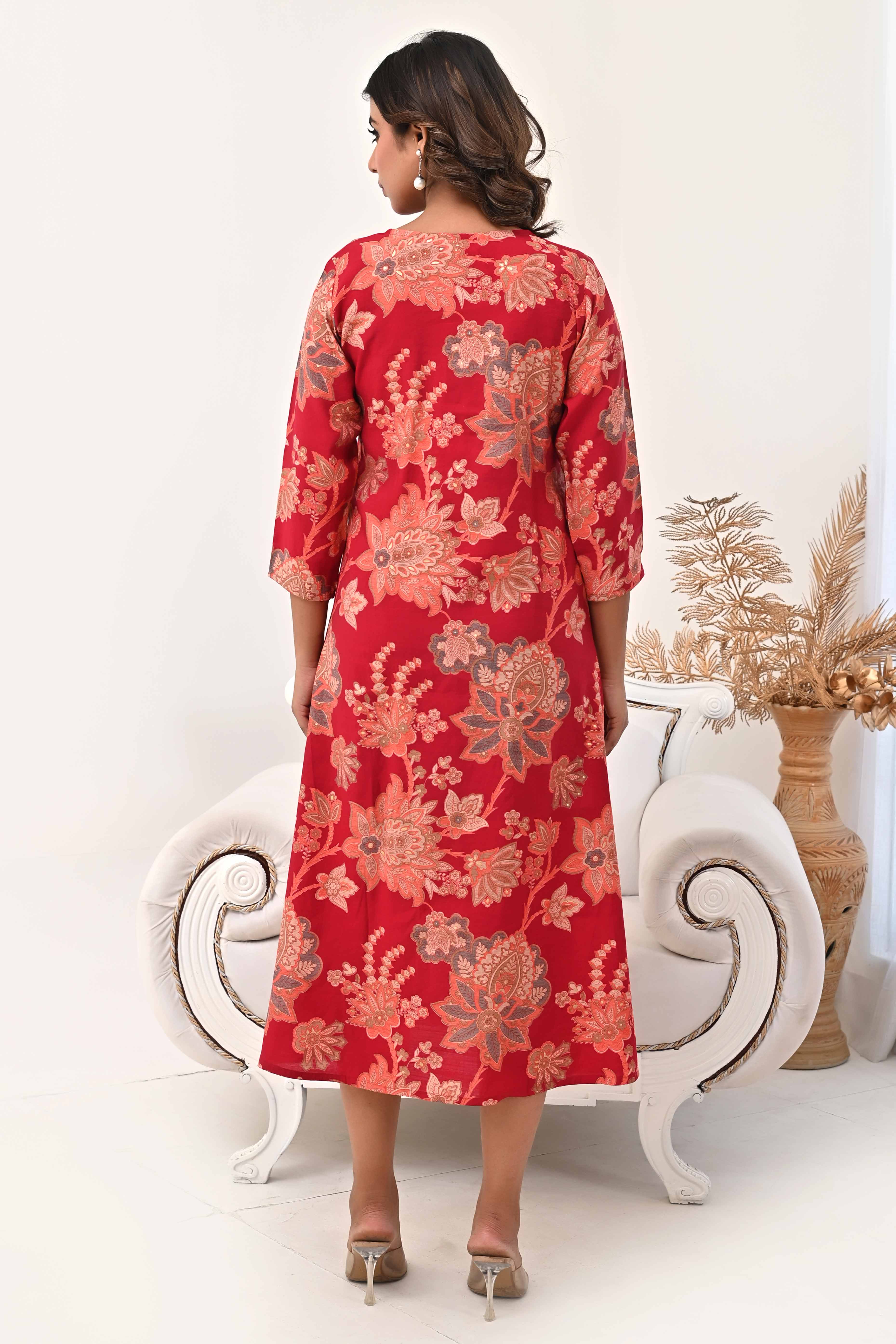 Red Chanderi Silk Kurti Dress with Artistic Floral Prints - Image 8