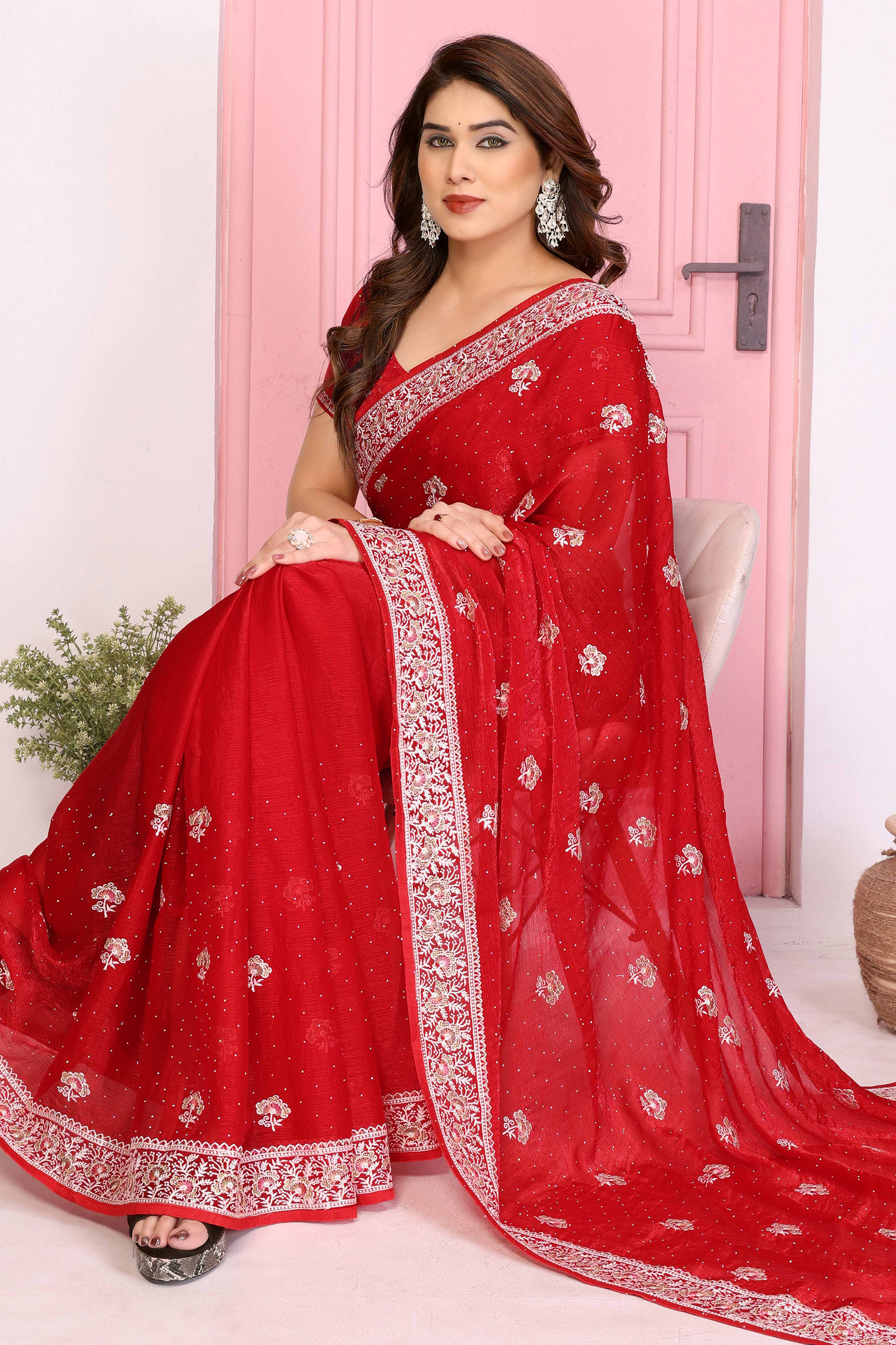 Red Chiffon Saree with Intricate Embroidery and Floral Patterns - Image 6