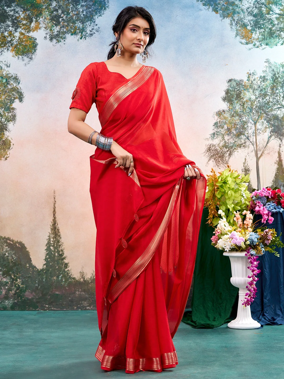 Red Chinon Saree Featuring Classic Golden Zari Border with Smooth Solid Finish