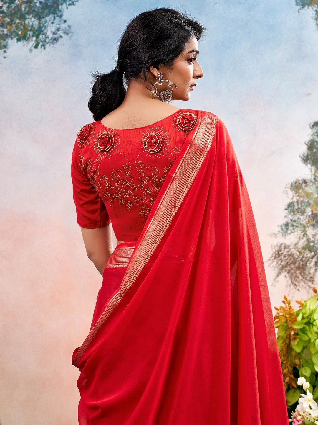 Red Chinon Saree Featuring Classic Golden Zari Border with Smooth Solid Finish - Image 4
