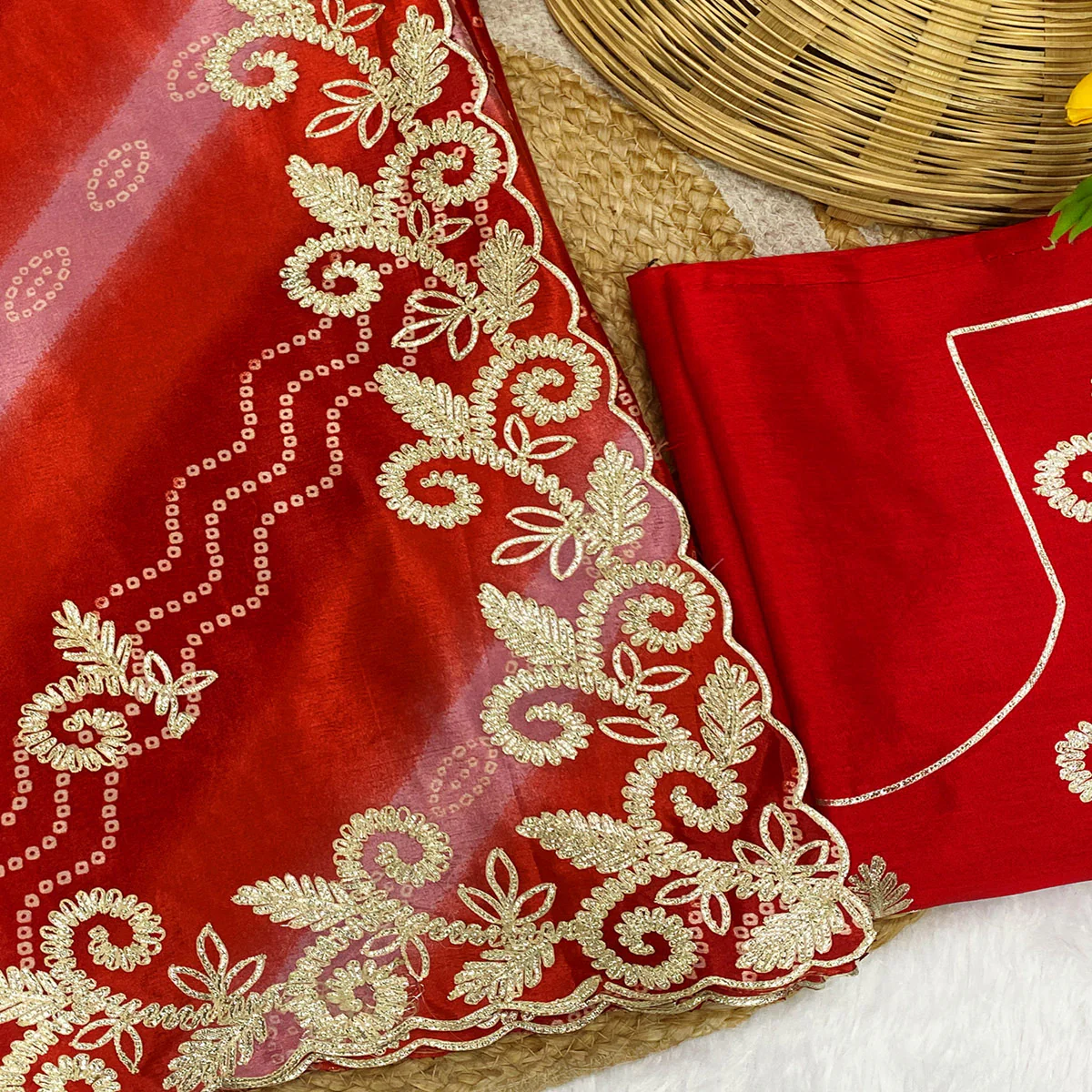 Red Chinon Saree With Timeless Bandhani Print & Exquisite Gota Patti Embroidery - Image 2