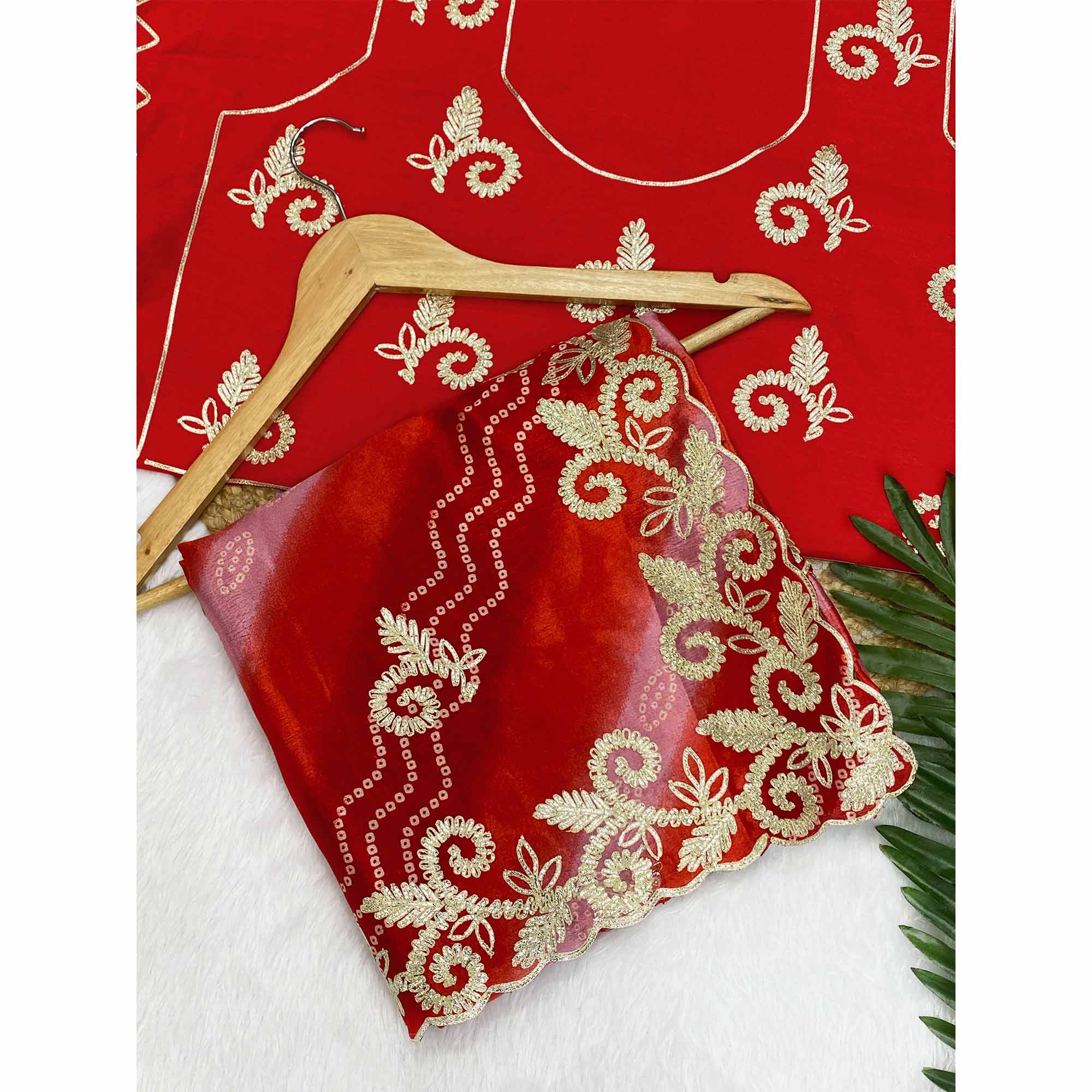 Red Chinon Saree With Timeless Bandhani Print & Exquisite Gota Patti Embroidery - Image 3