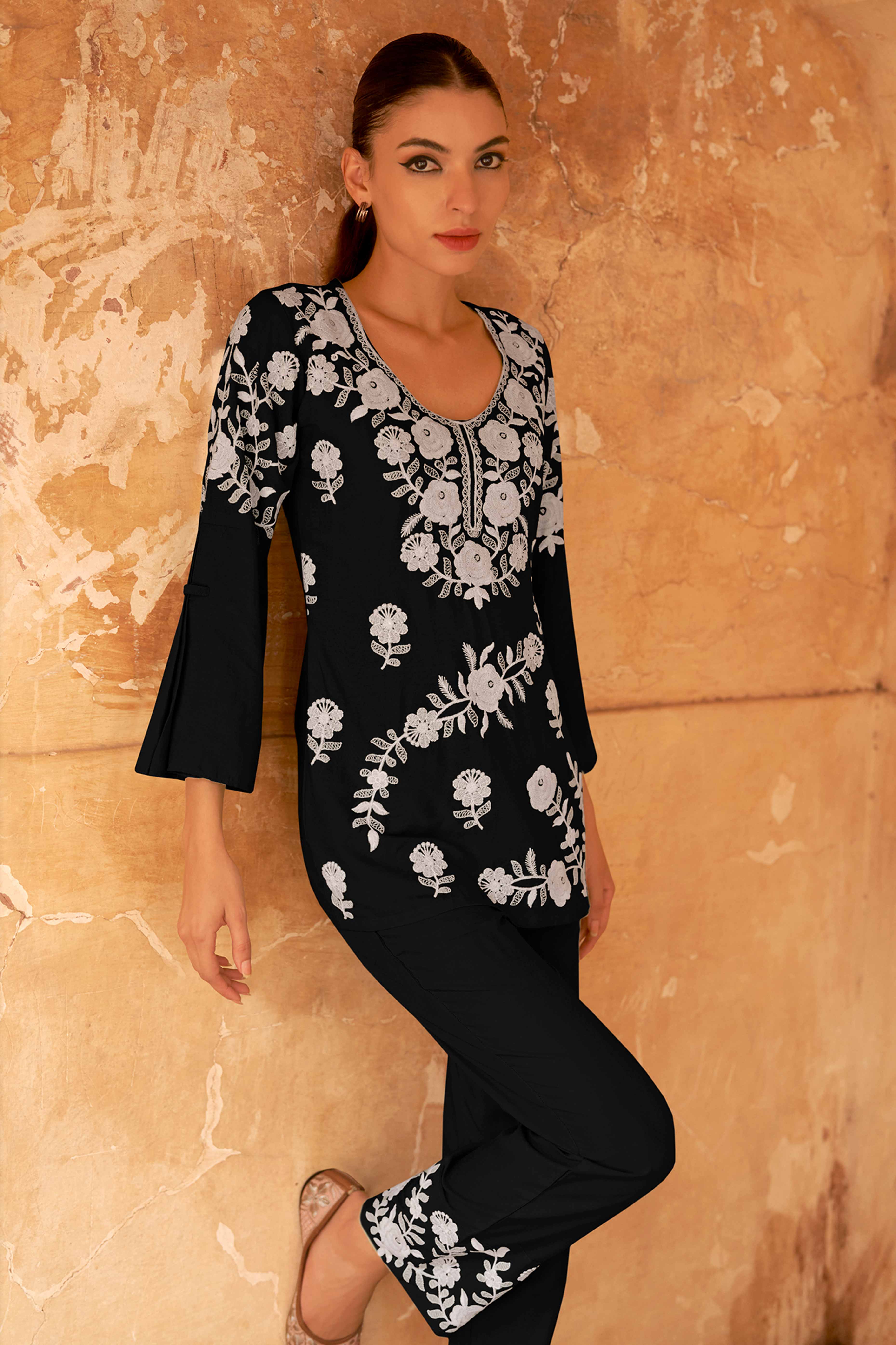Black Co-Ord Set in Rayon with Delicate Floral Embroidery - Image 3
