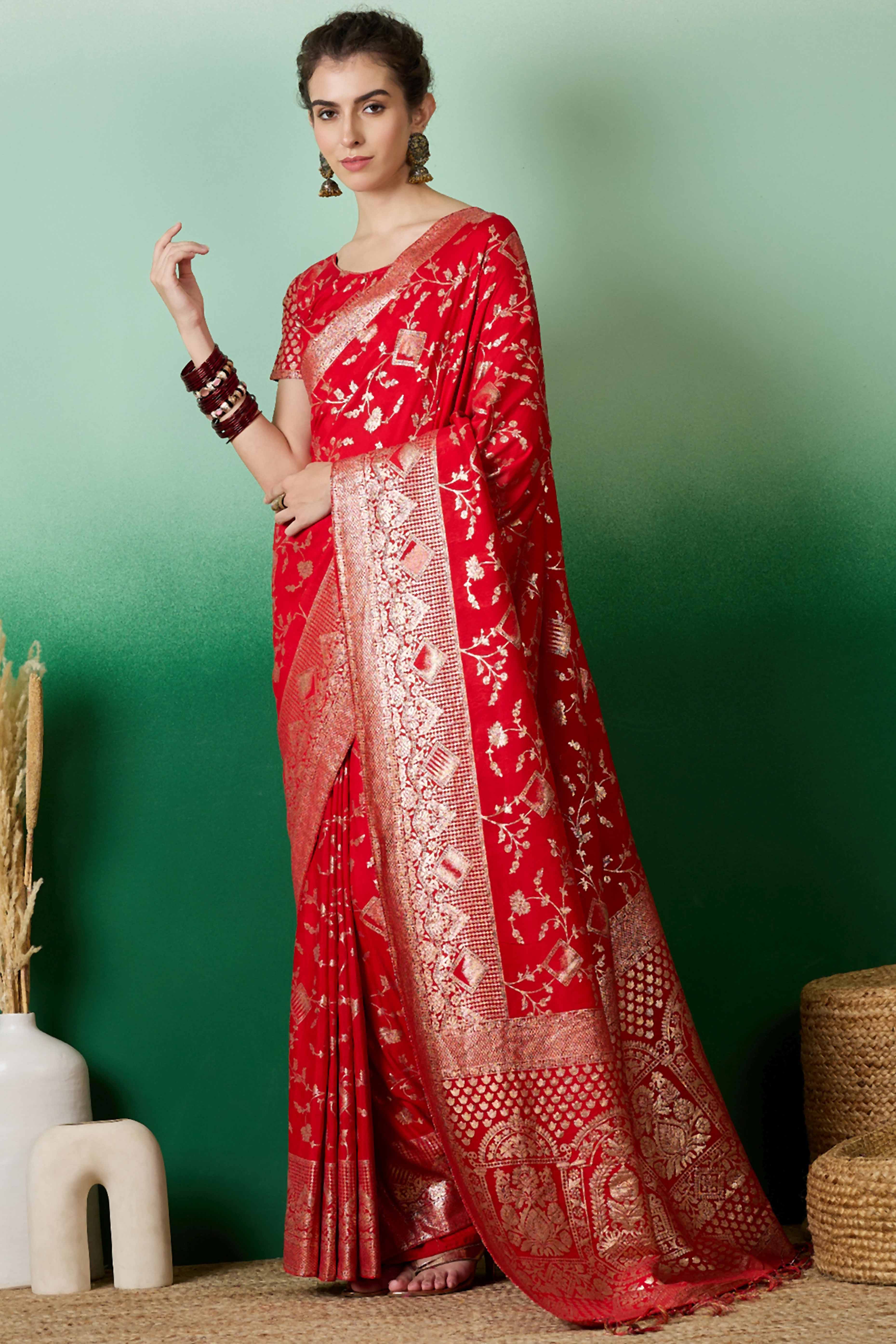 Red Cotton Blend Saree With Intricate Floral Zari Weaving & Soft Tassel - Image 3