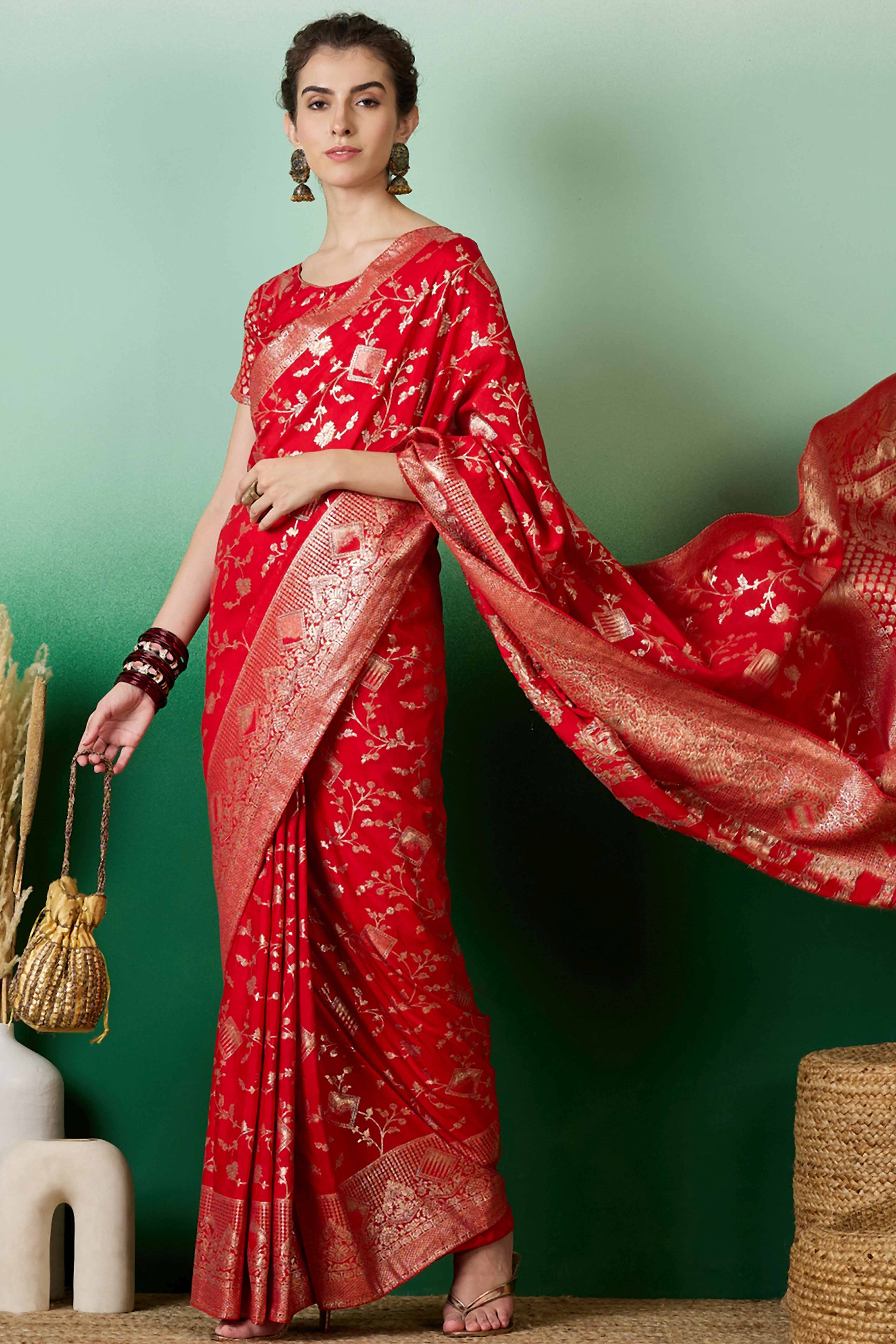 Red Cotton Blend Saree With Intricate Floral Zari Weaving & Soft Tassel - Image 4
