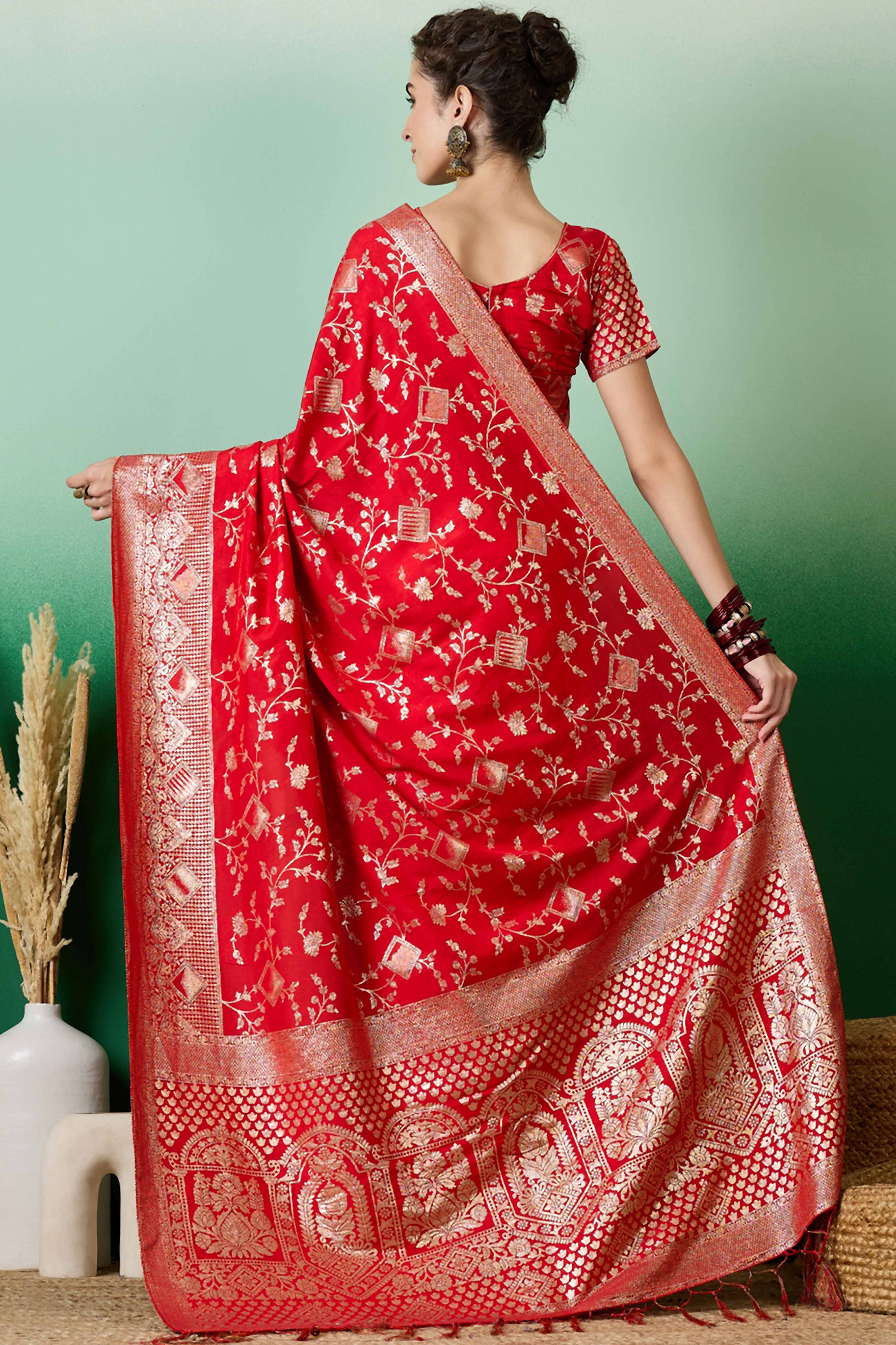 Red Cotton Blend Saree With Intricate Floral Zari Weaving & Soft Tassel - Image 5