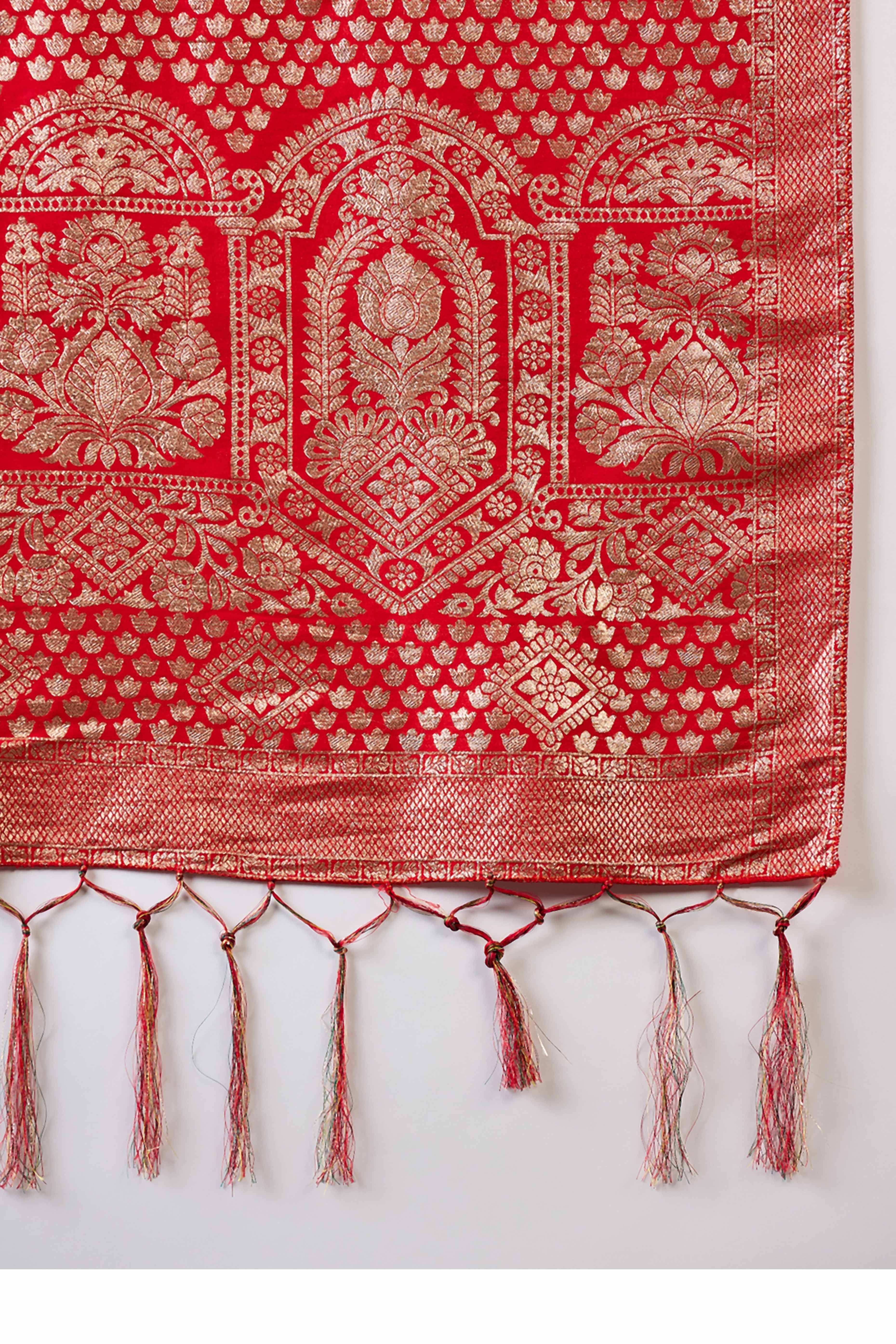 Red Cotton Blend Saree With Intricate Floral Zari Weaving & Soft Tassel - Image 7