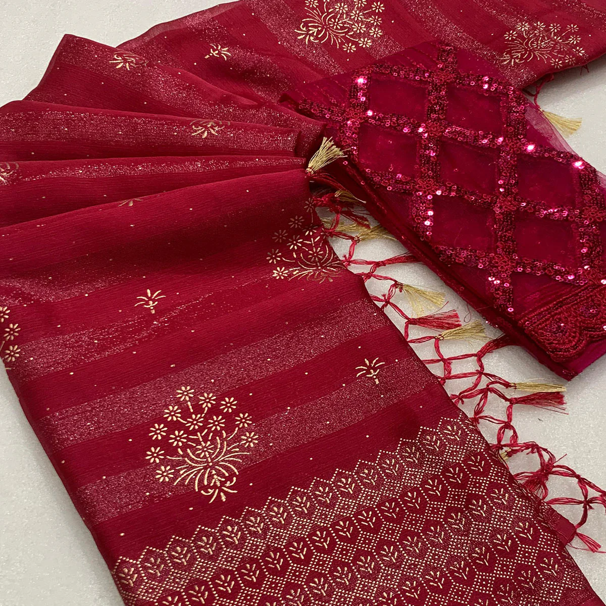 Red Emboss Floral Foil Printed Moss Art Silk Saree - Image 2