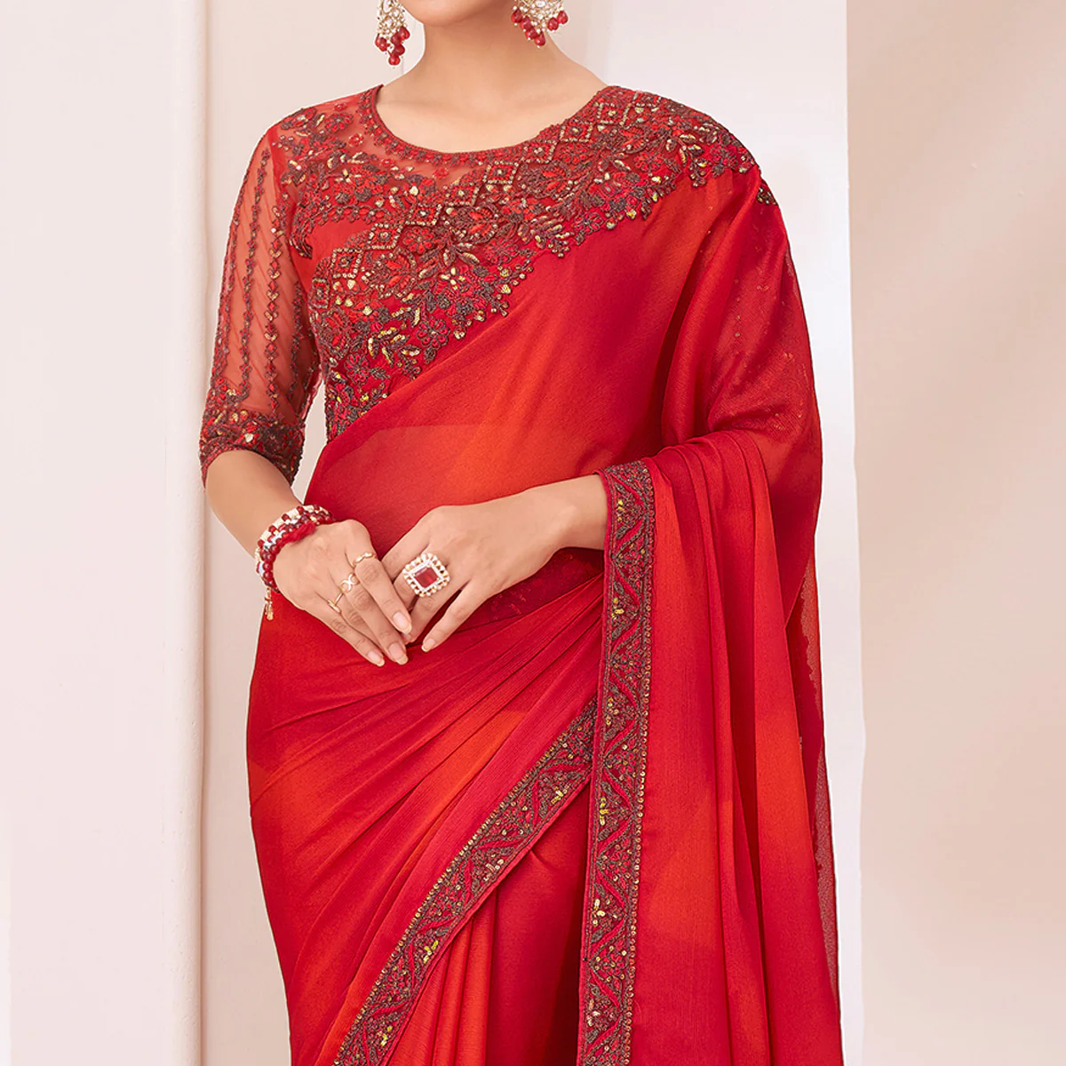 Red Embroidered Chiffon Saree - Image 3