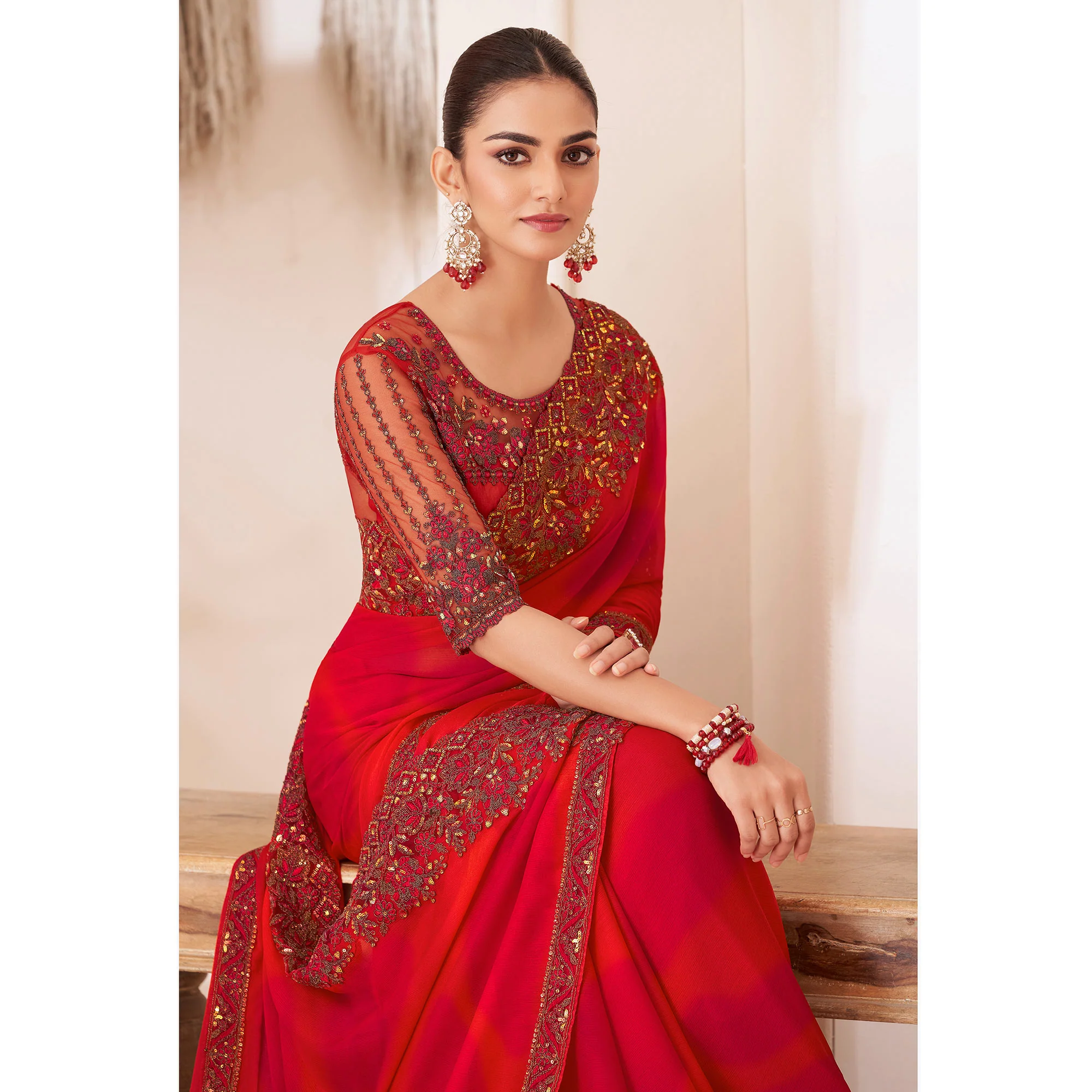 Red Embroidered Chiffon Saree - Image 4