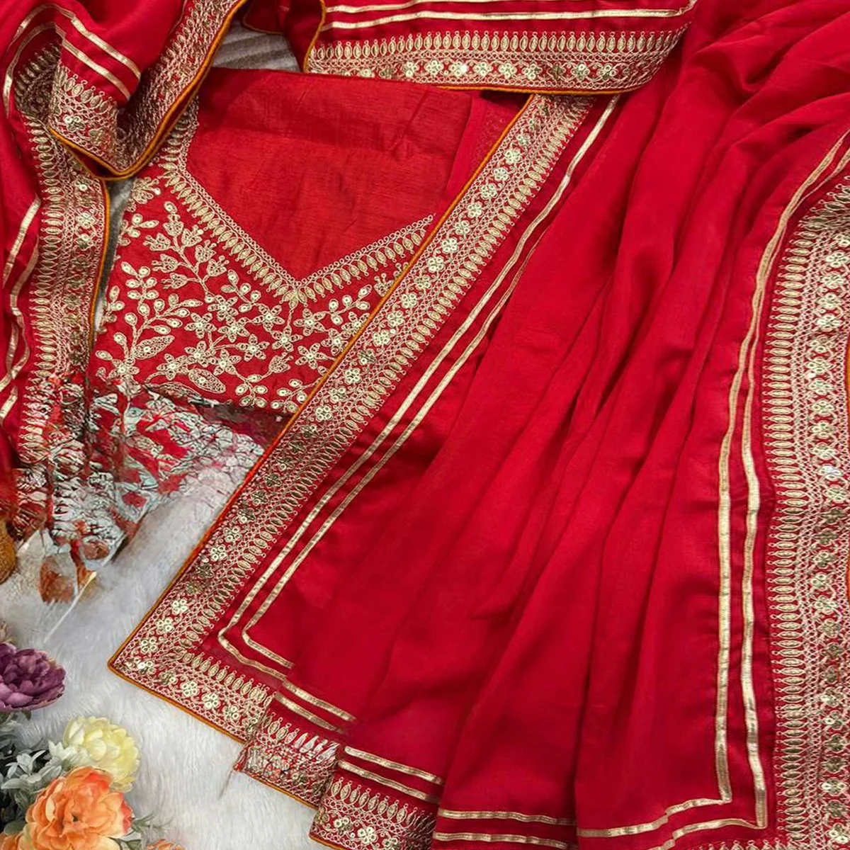 Red Festive Silk Blend Saree Highlighted with Silver Thread Work and Shimmering Sequins - Image 2