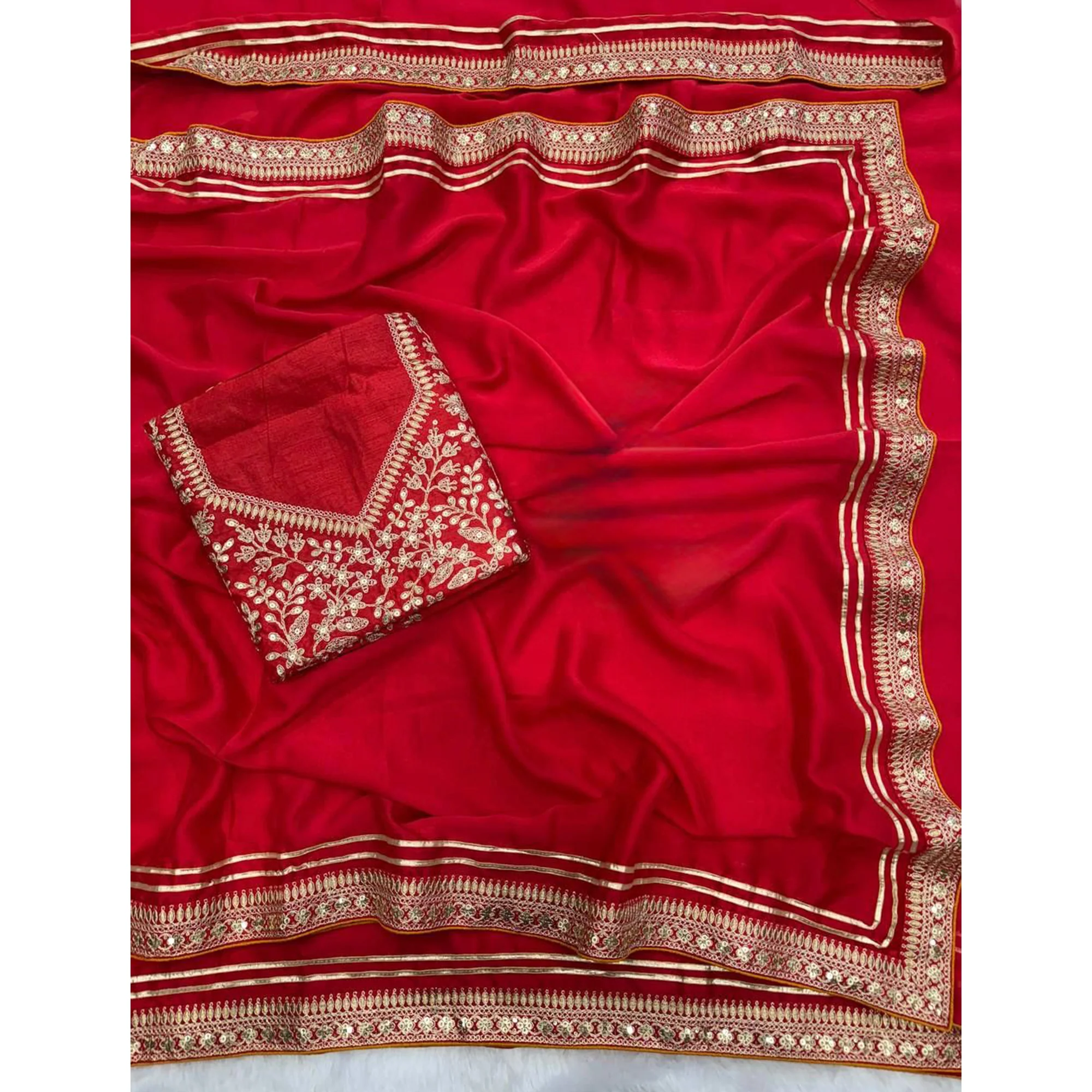 Red Festive Silk Blend Saree Highlighted with Silver Thread Work and Shimmering Sequins - Image 3
