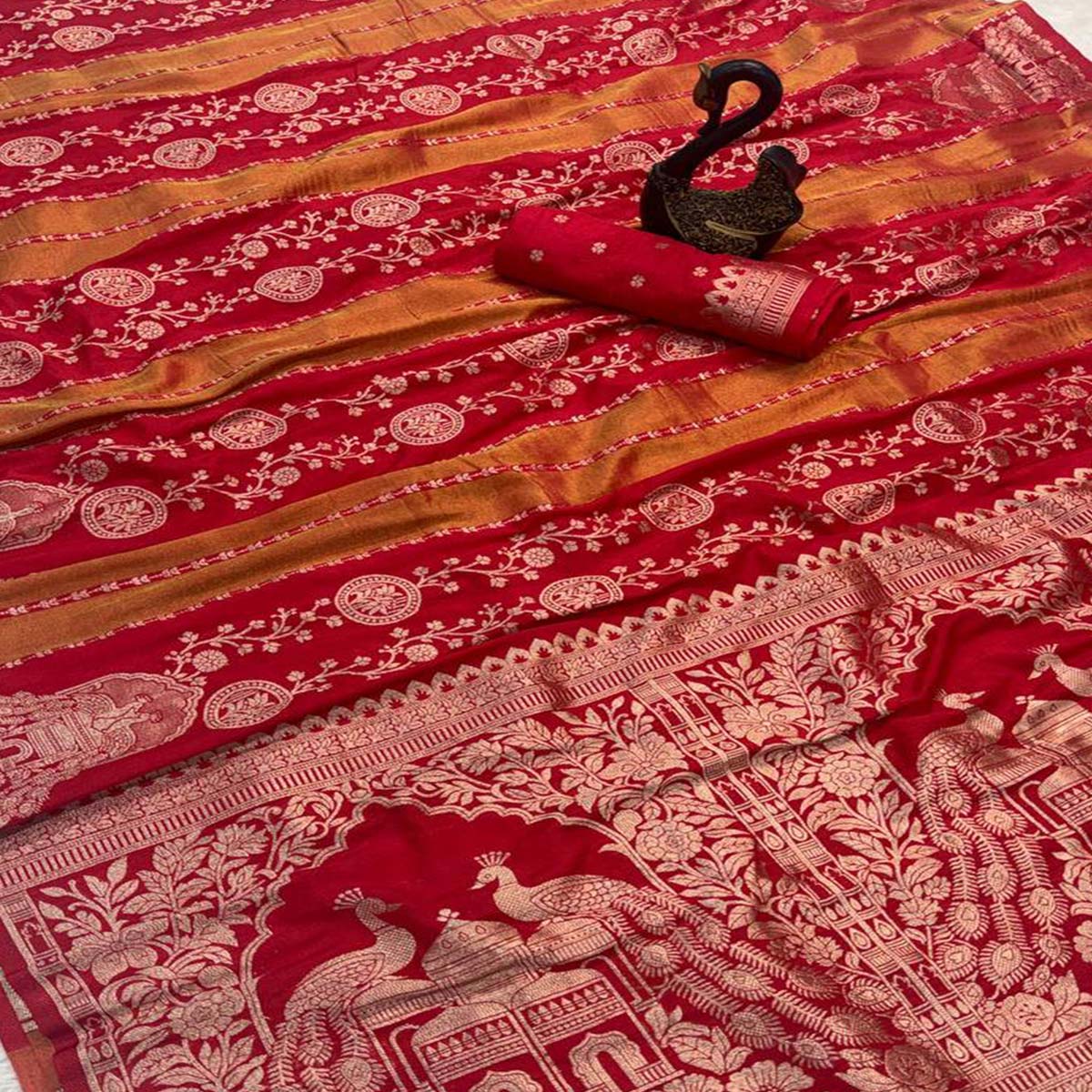 Red Festive Wear Chinya Tissue Silk Saree Enhanced with Intricate Zari Weaving Detailing - Image 2