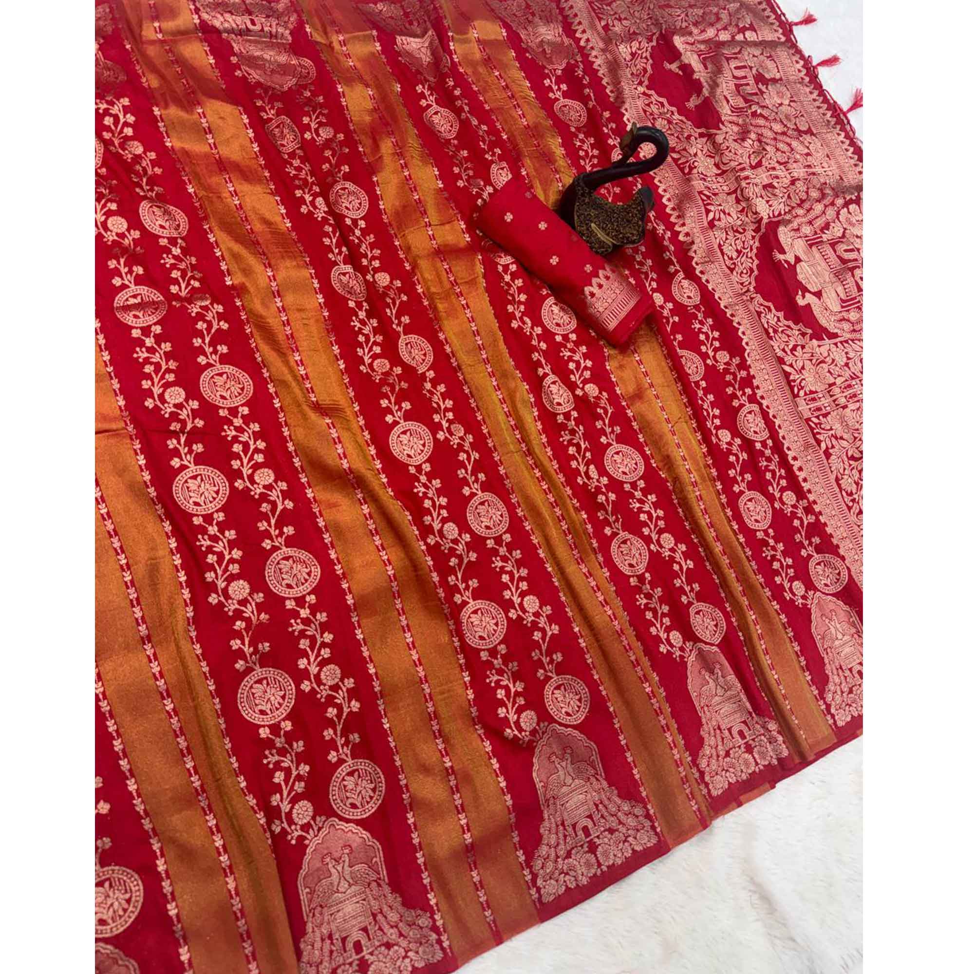 Red Festive Wear Chinya Tissue Silk Saree Enhanced with Intricate Zari Weaving Detailing - Image 4
