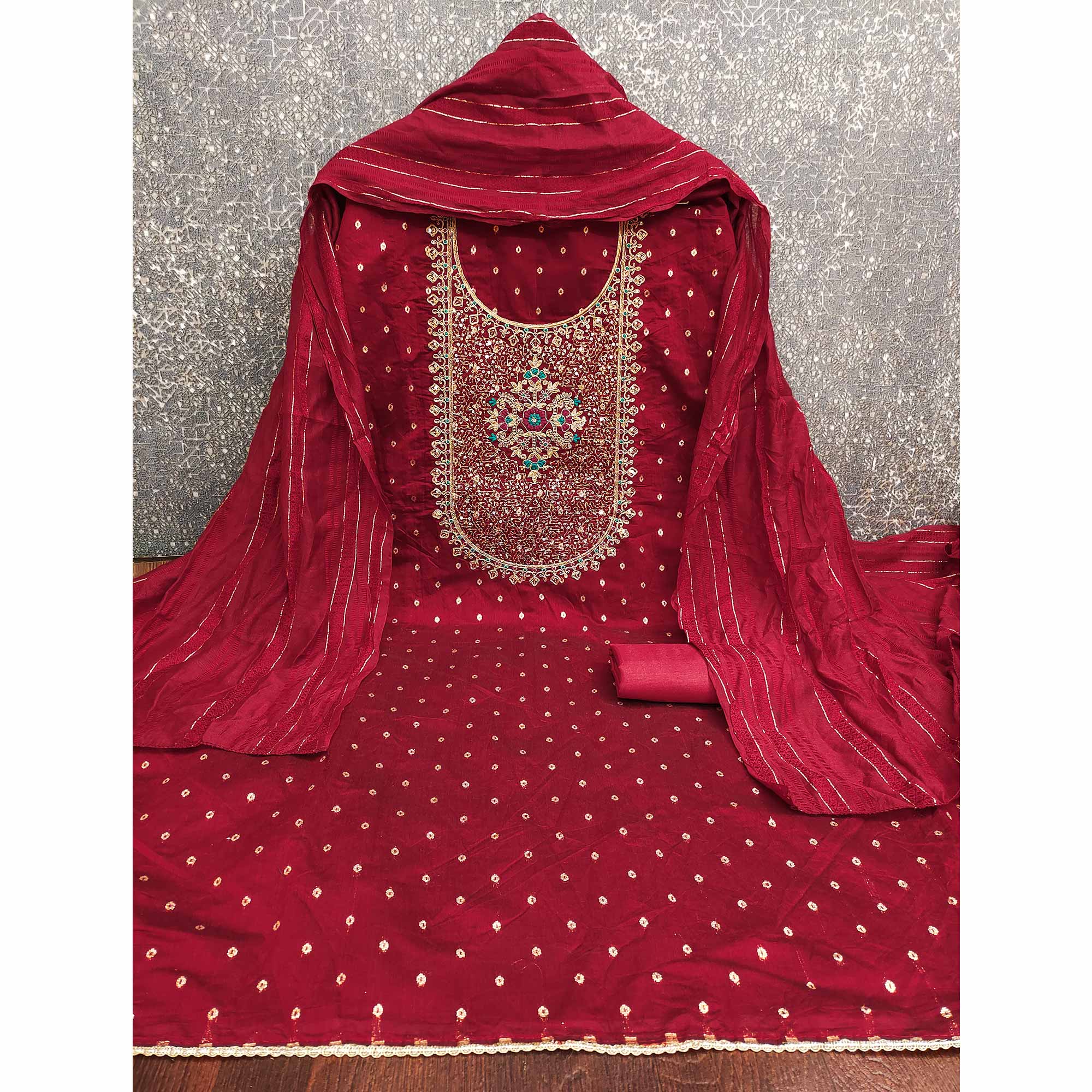 Red Floral Butti Jacquard Chanderi Silk Dress Material Enhanced With Sparkling Sequins Embroidery - Image 4