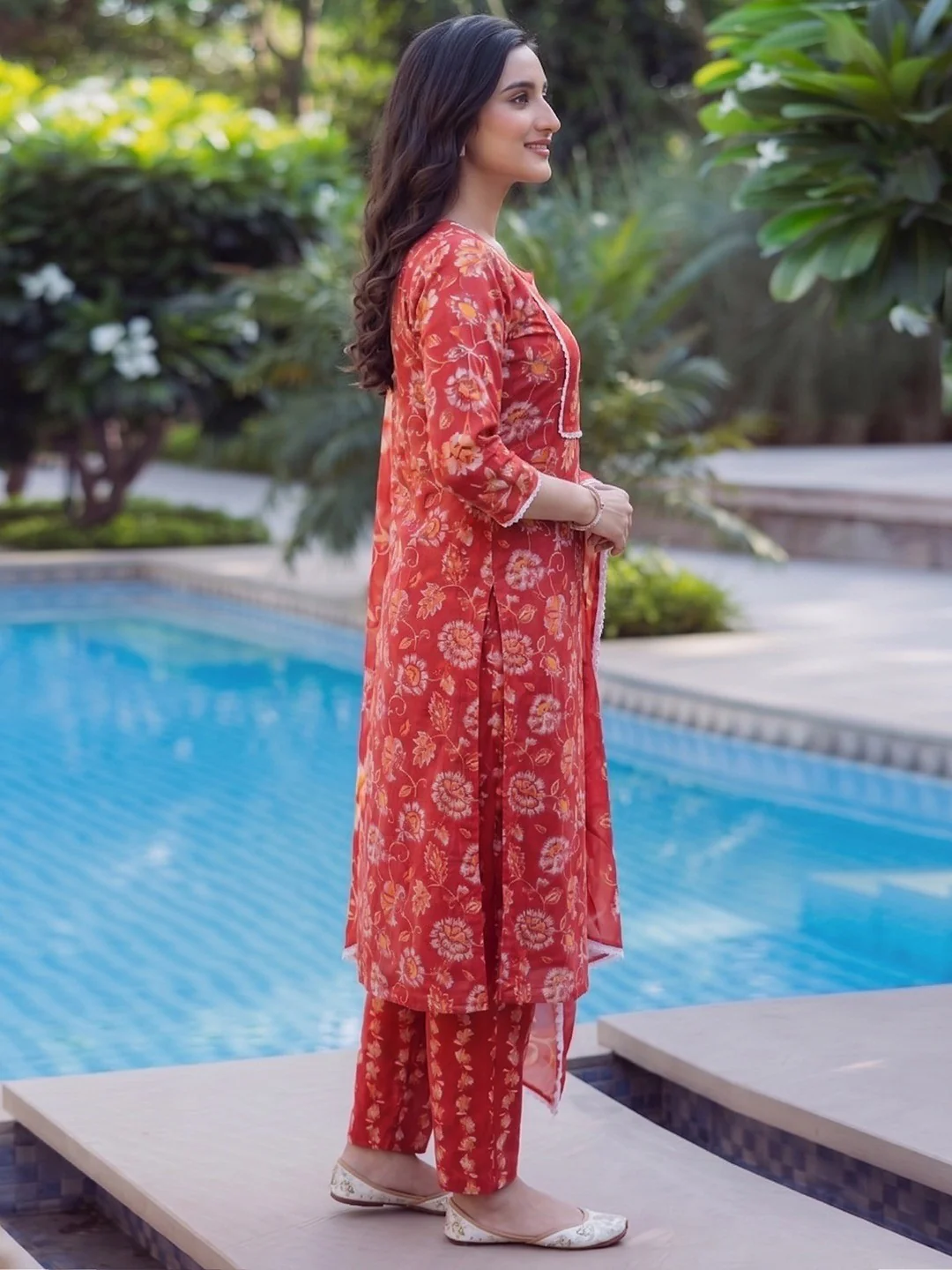 Red Floral Cotton Salwar Suit Set with Dupatta Soft Comfortable Ethnic Wear - Image 4