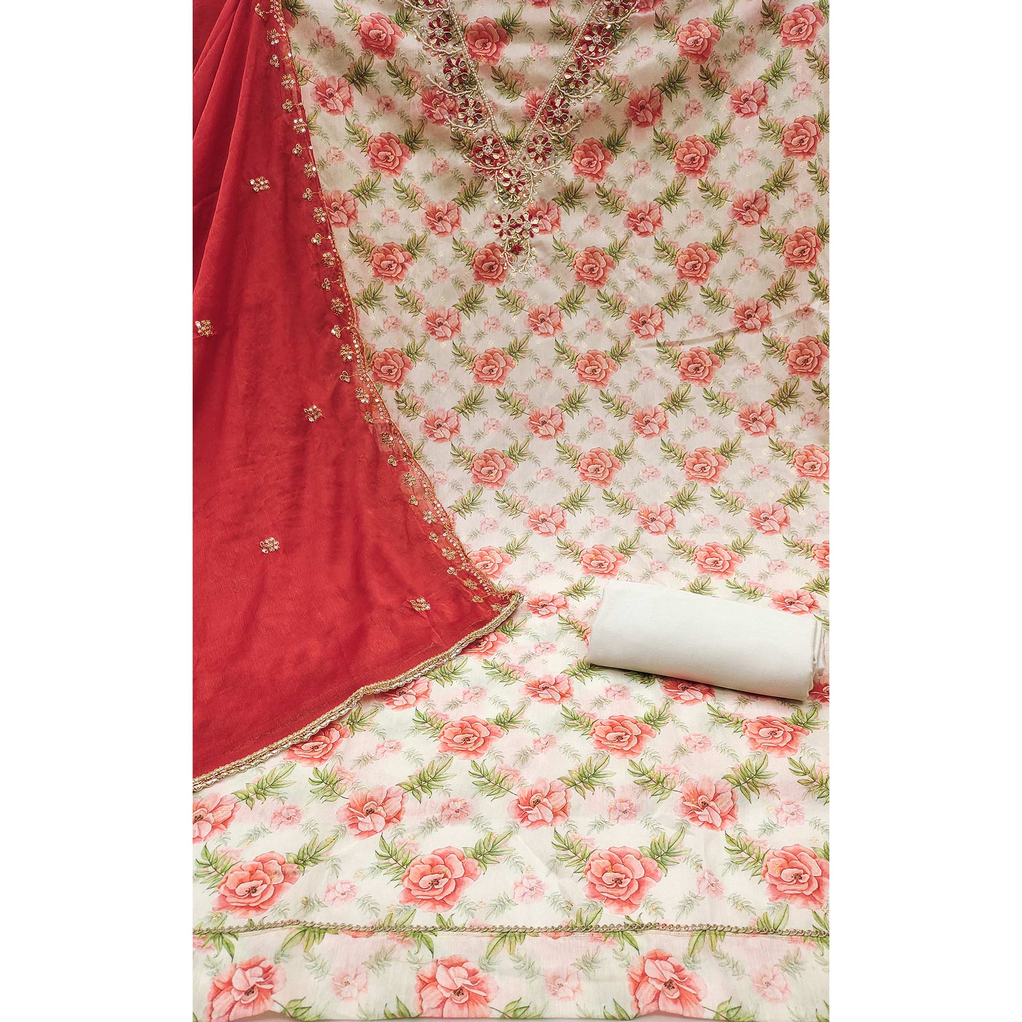 Red Floral Digital Printed With Handwork Chanderi Silk Dress Material - Image 4