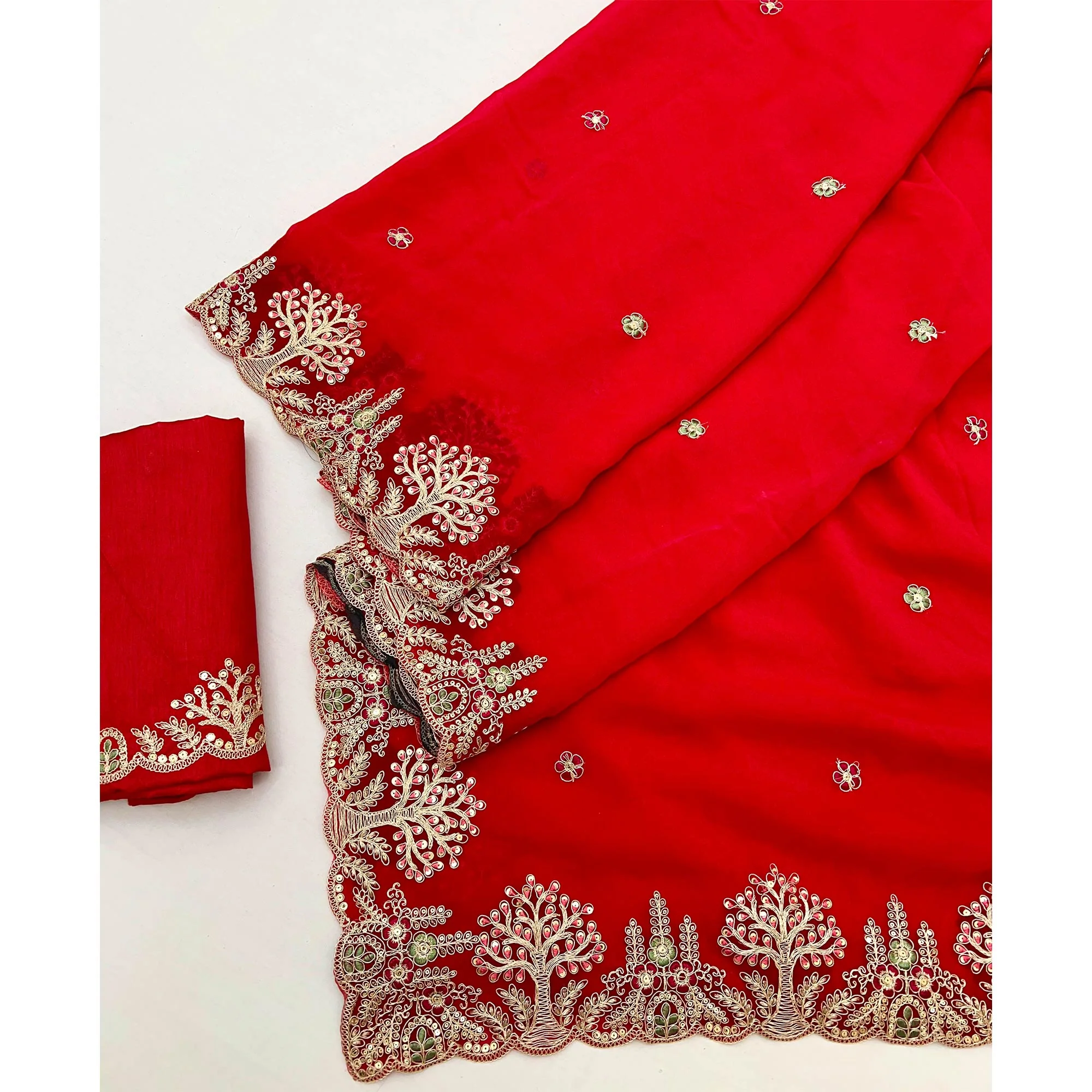 Red Floral Embroidered Crepe Saree with Subtle Sequin Detailing - Image 3