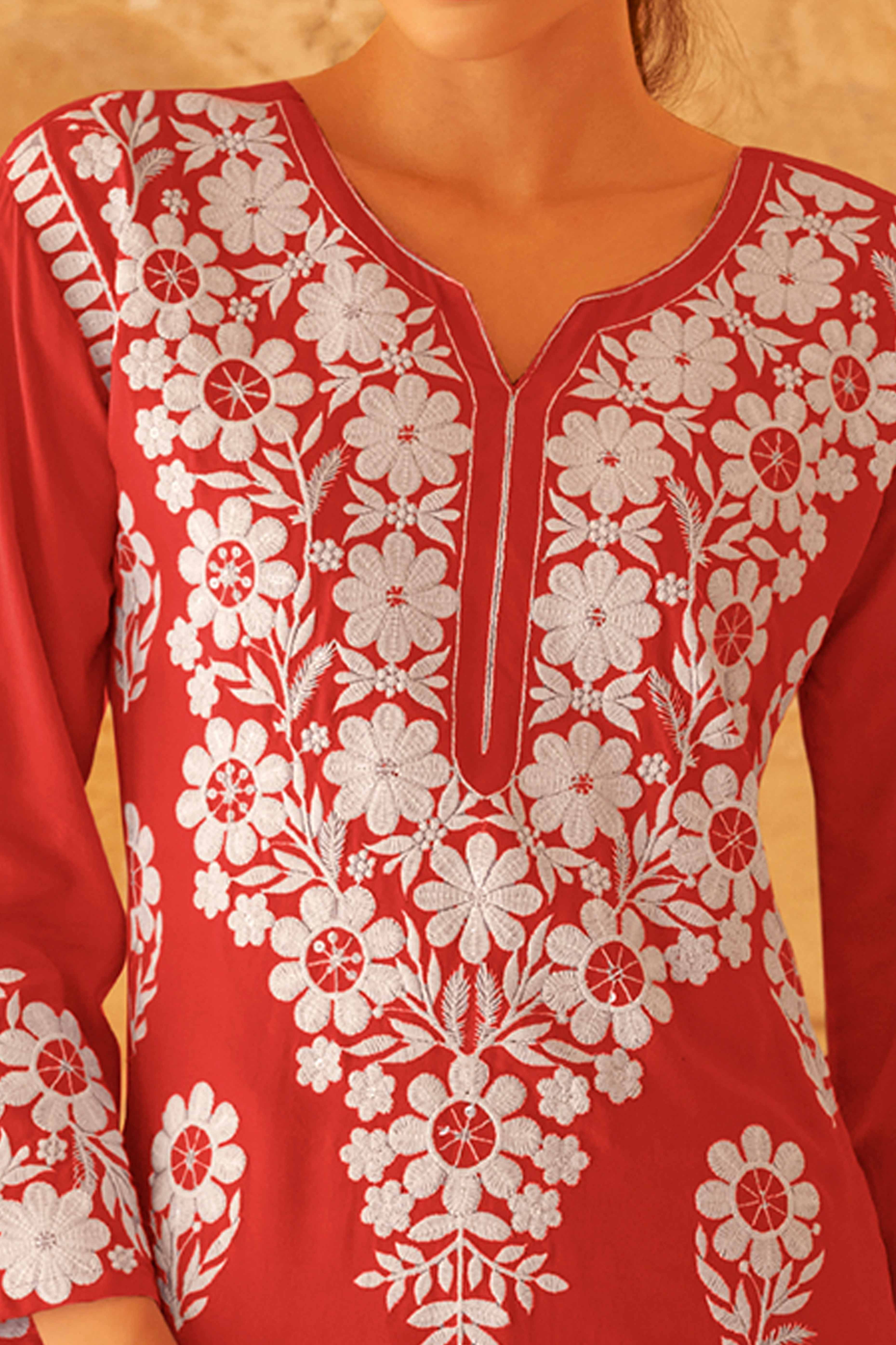 Red Floral Embroidered Matching Set in Soft Rayon Fabric - Image 2