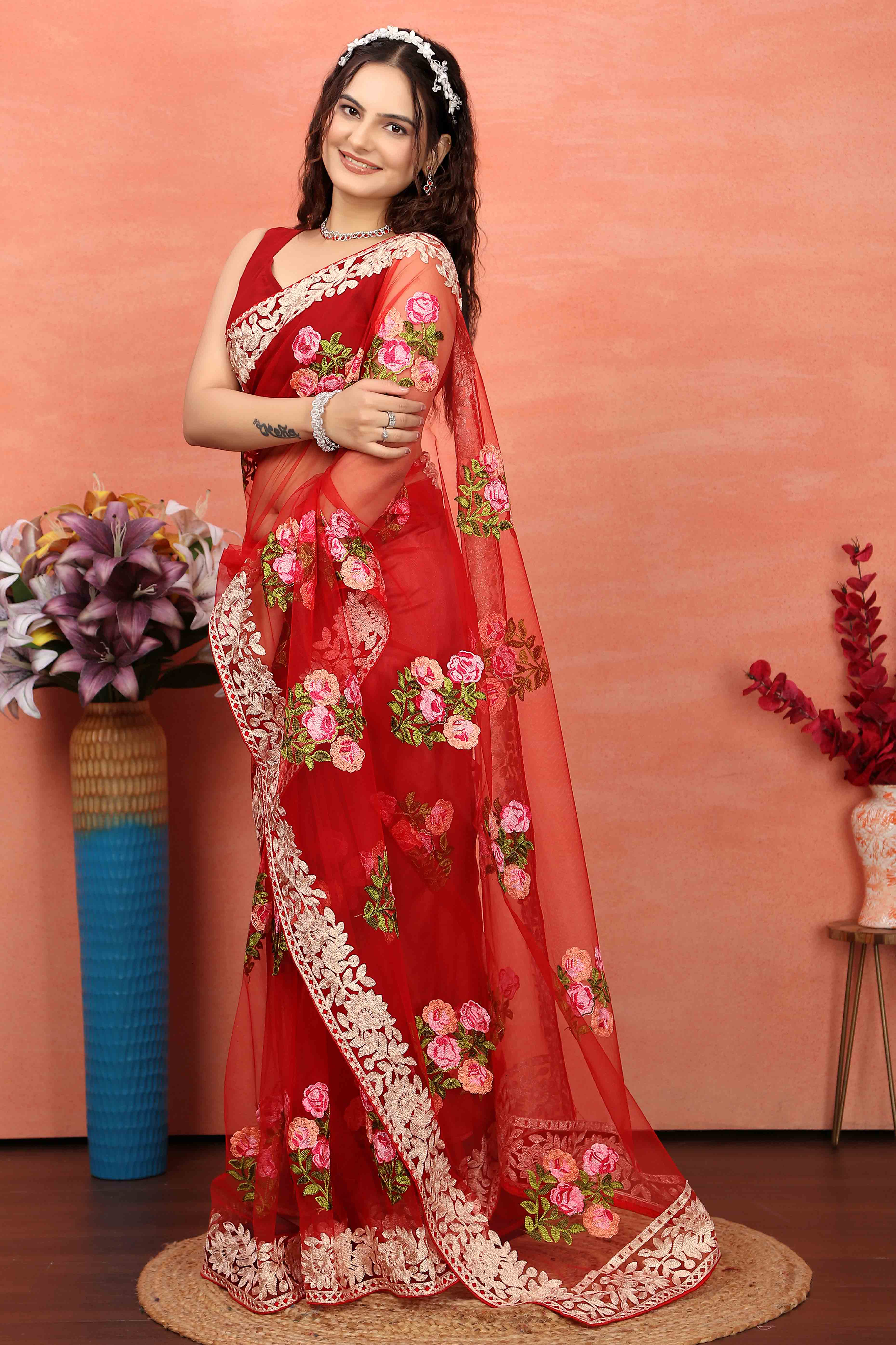 Red Floral Embroidered Net Saree - Image 4