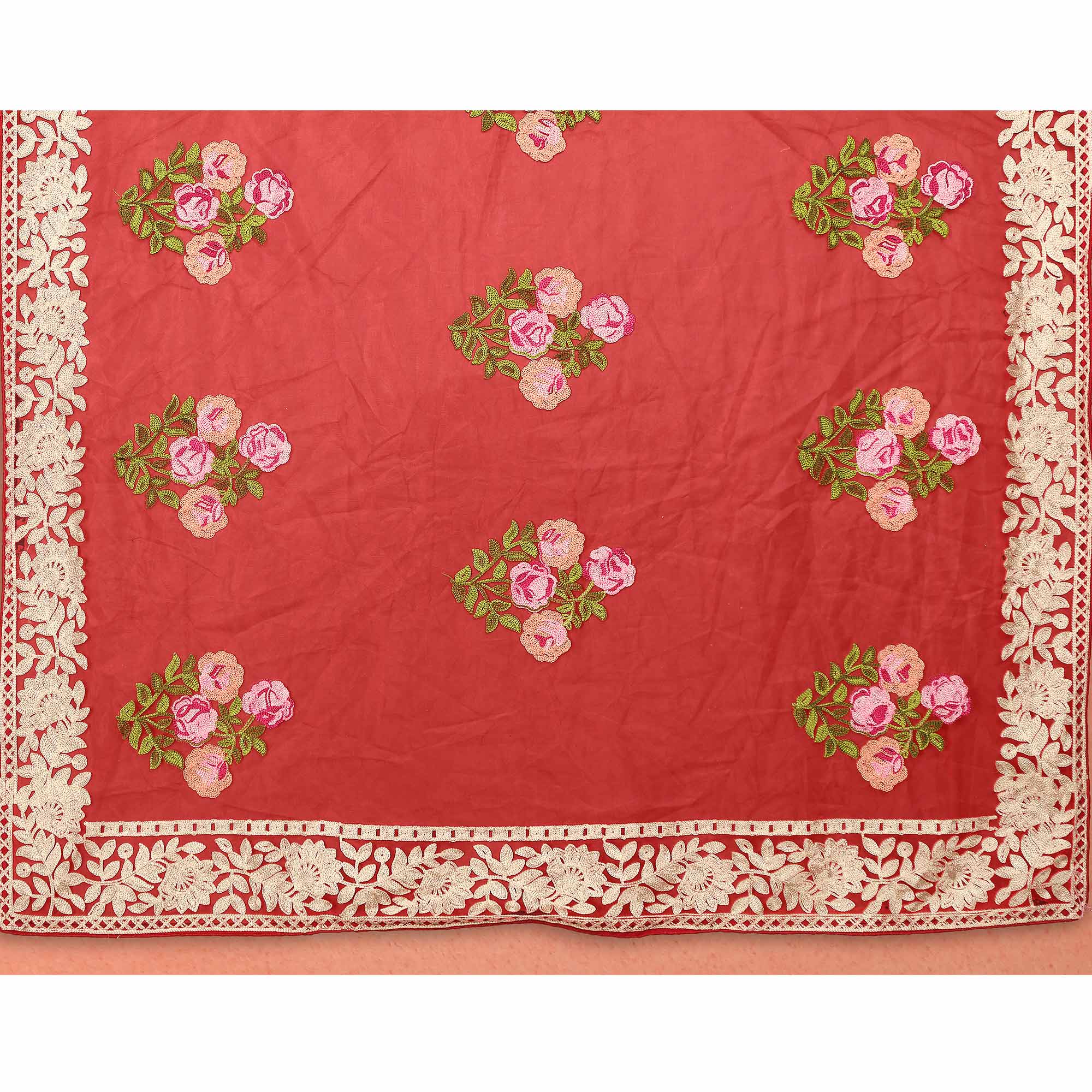 Red Floral Embroidered Net Saree - Image 8