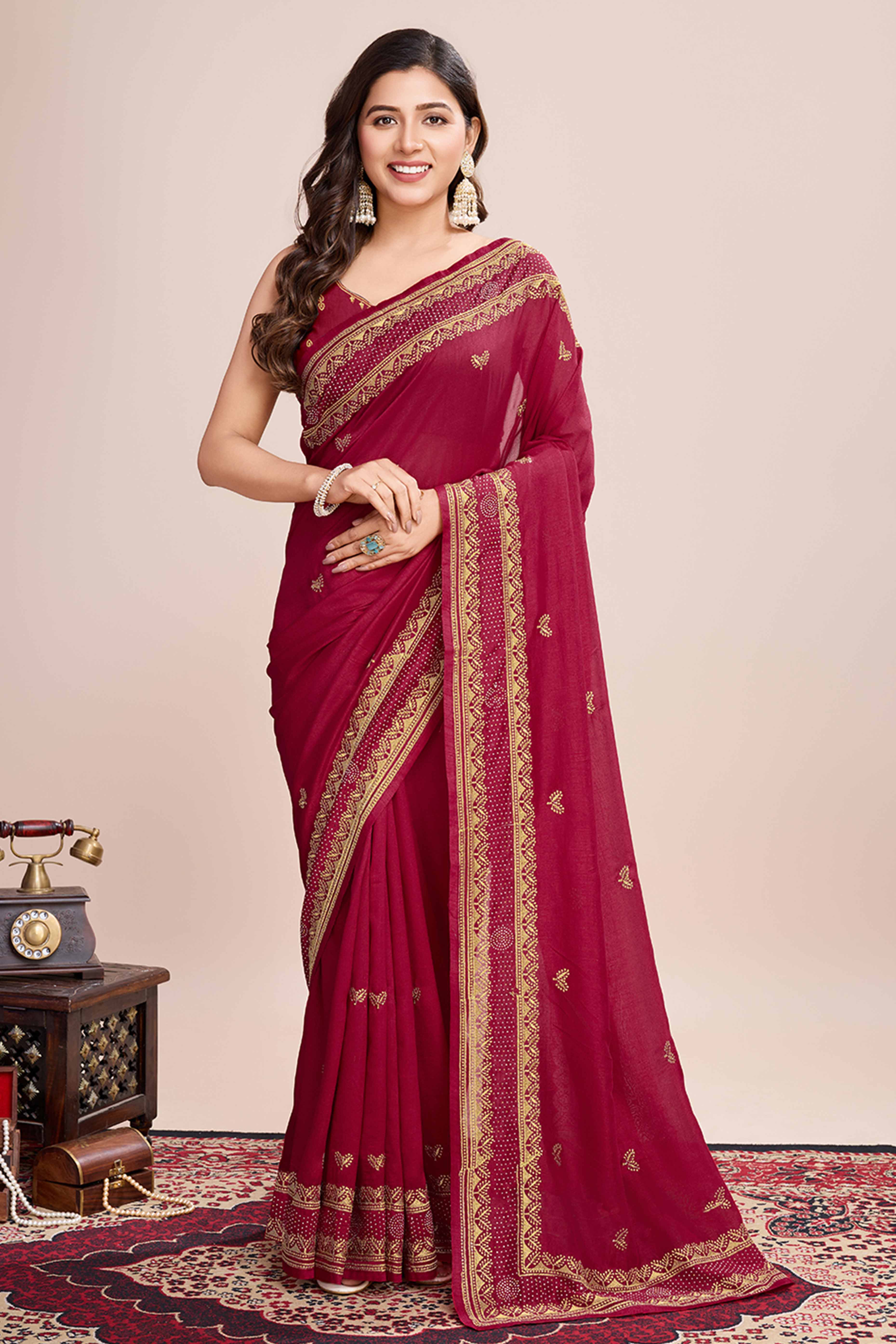 Red Floral Embroidered Vichitra Silk Saree - Image 3